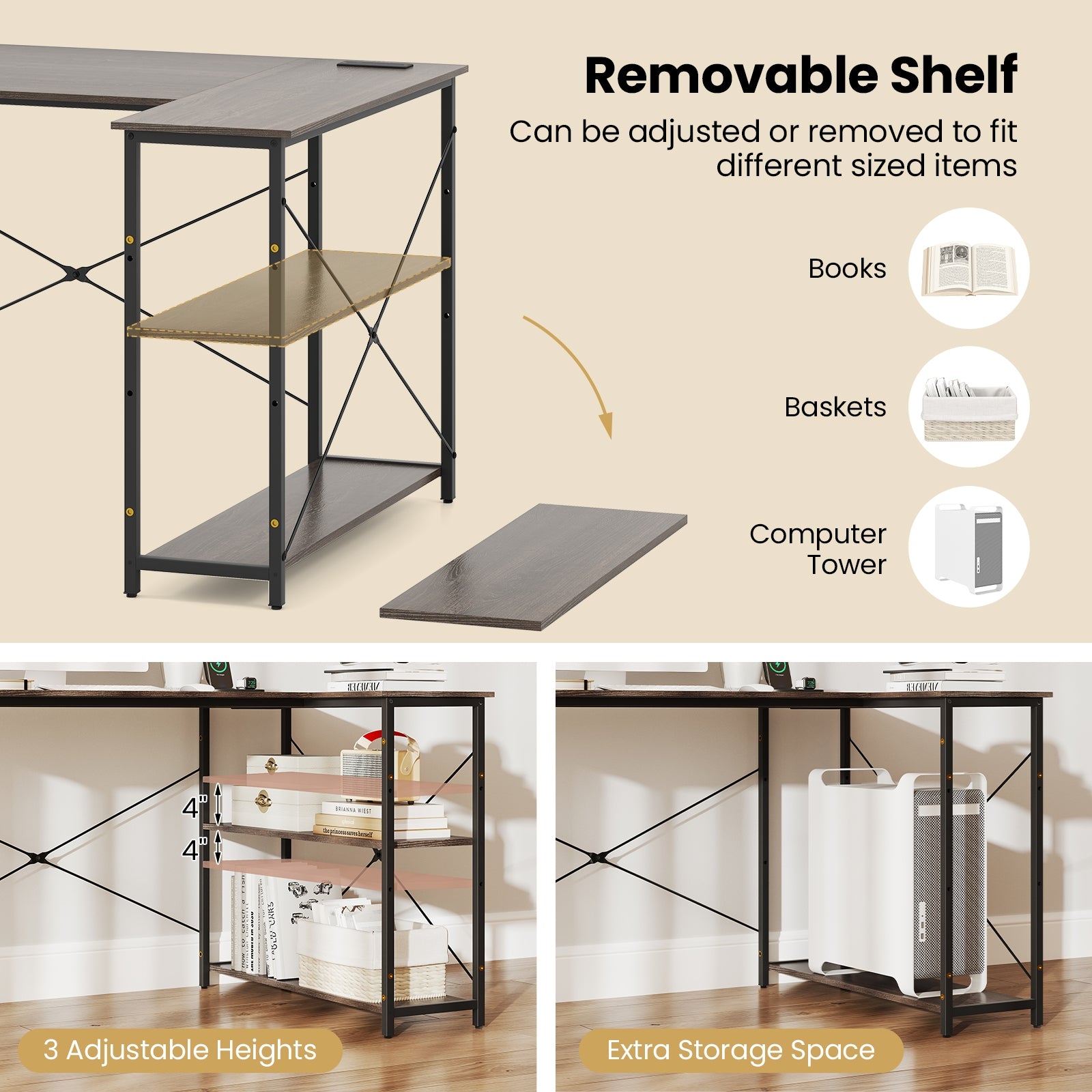 47 Inch L-Shaped Reversible Corner Desk, Adjustable Storage Shelves, Gray L-Shaped Desks at Gallery Canada