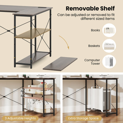 47 Inch L-Shaped Reversible Corner Desk, Adjustable Storage Shelves, Gray L-Shaped Desks at Gallery Canada