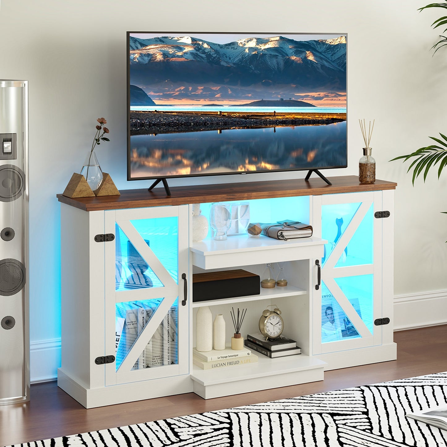 59 Inch Media Console Table, 3 Level Shelves, 22 Dynamic Modes, White Entertainment Centers & TV Stands at Gallery Canada