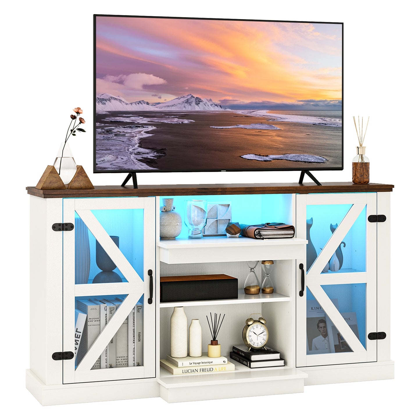 59 Inch Media Console Table, 3 Level Shelves, 22 Dynamic Modes, White Entertainment Centers & TV Stands at Gallery Canada