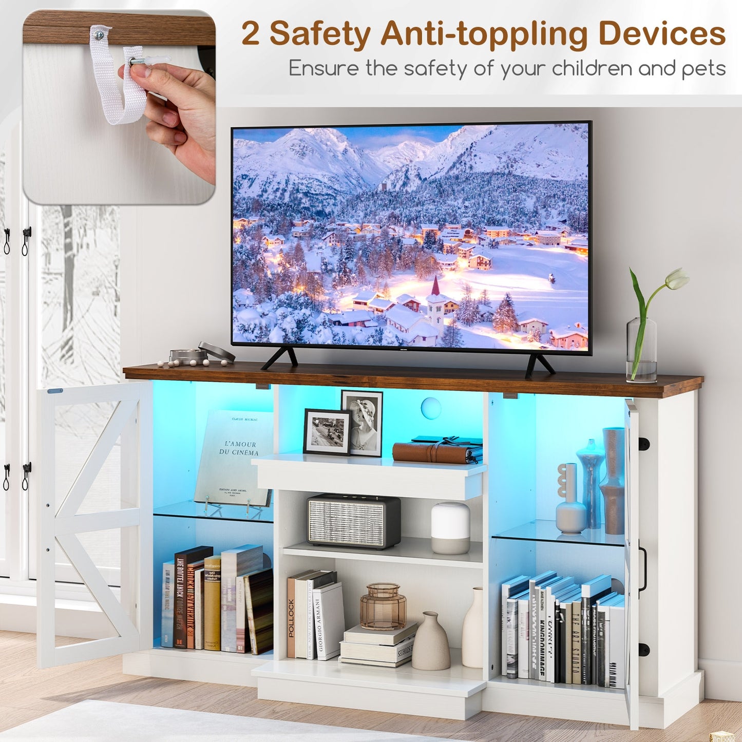 59 Inch Media Console Table, 3 Level Shelves, 22 Dynamic Modes, White Entertainment Centers & TV Stands at Gallery Canada