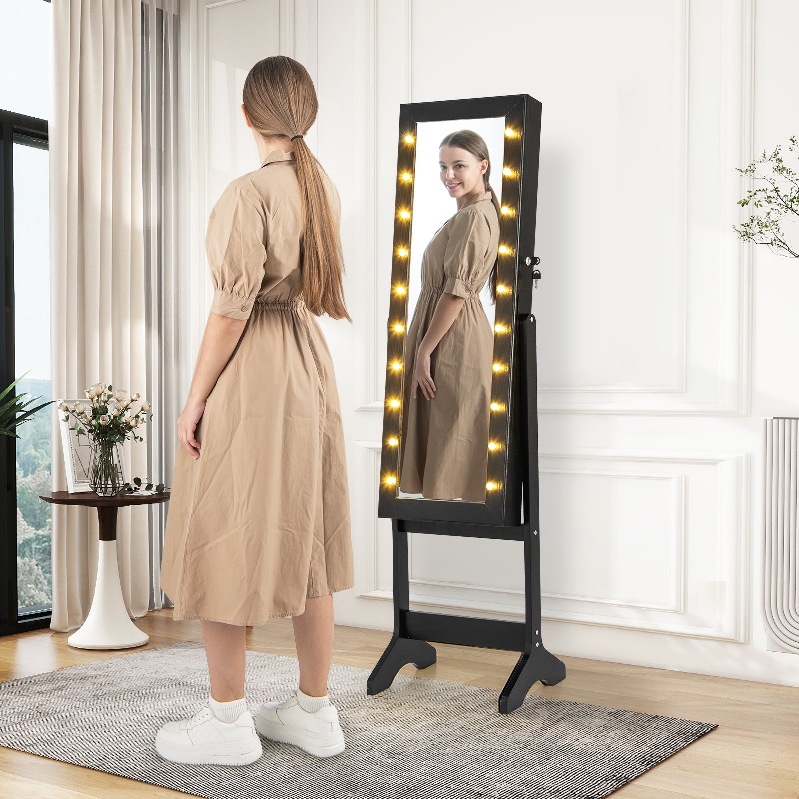 Mirror Jewelry Cabinet With 20 Warm Lights, 4 Tilt Angles, Black Floor Mirrors at Gallery Canada