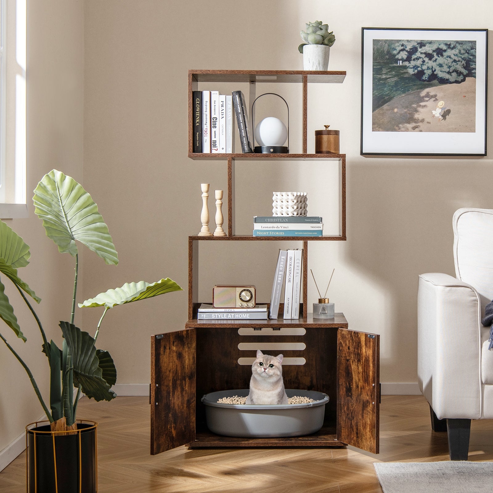 56 Inch Cat Litter Box Enclosure With Storage, Rustic Brown Cat Houses at Gallery Canada