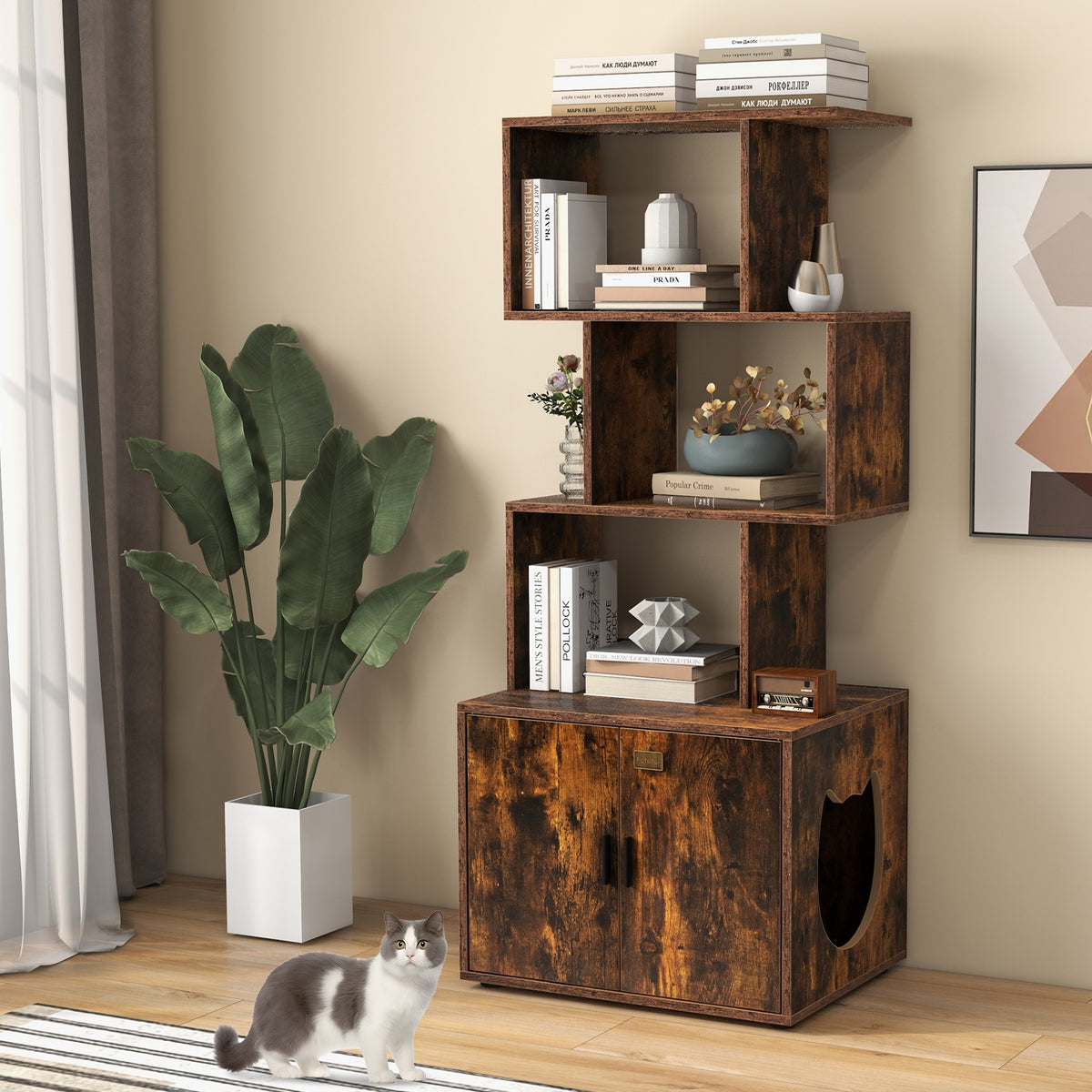 56 Inch Cat Litter Box Enclosure With Storage, Rustic Brown Cat Houses at Gallery Canada
