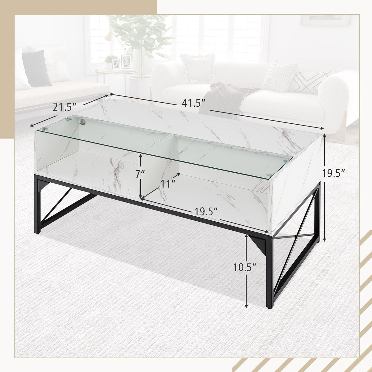 Center Table, Faux Marble Tempered Glass Top, White Coffee Tables at Gallery Canada