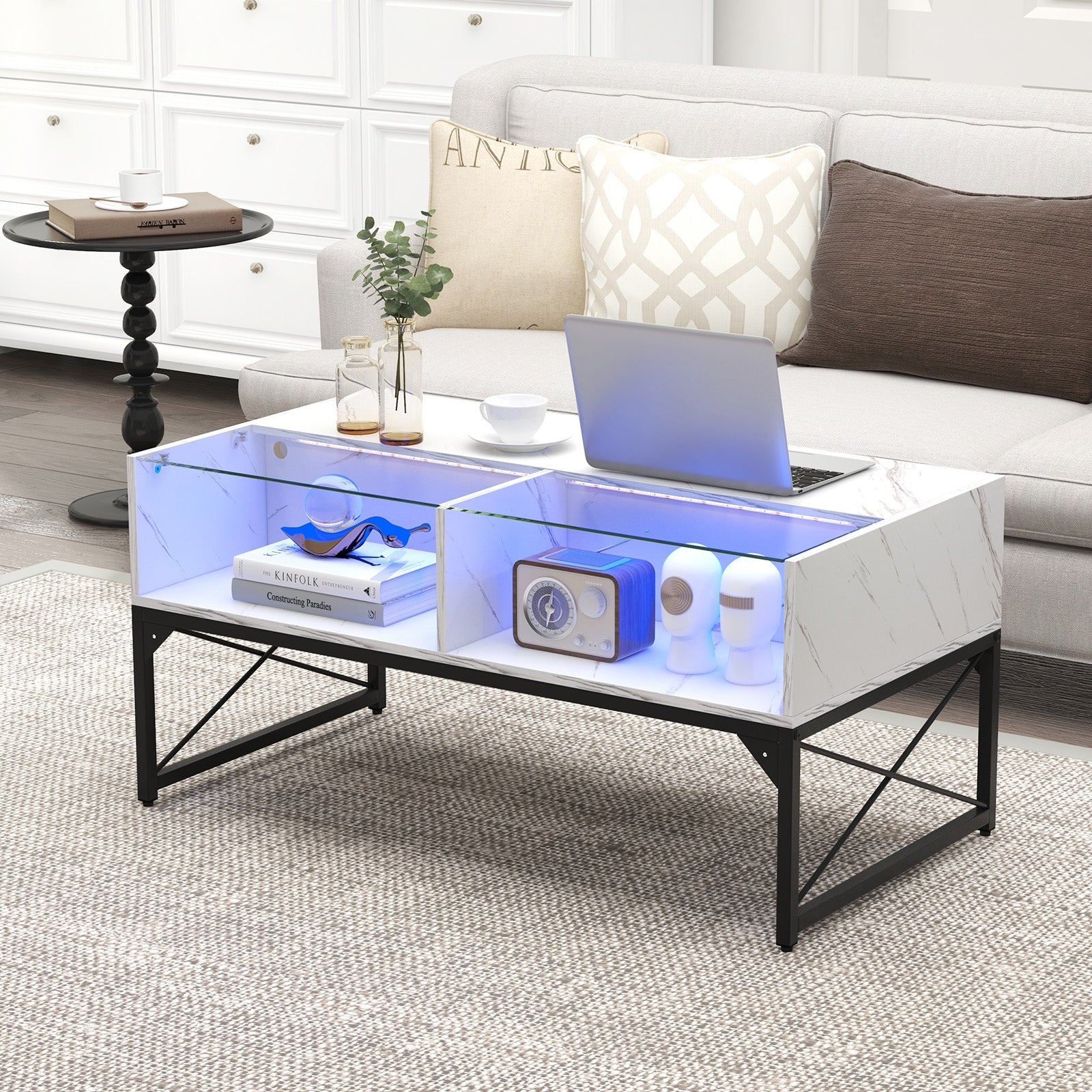 Center Table, Faux Marble Tempered Glass Top, White Coffee Tables at Gallery Canada