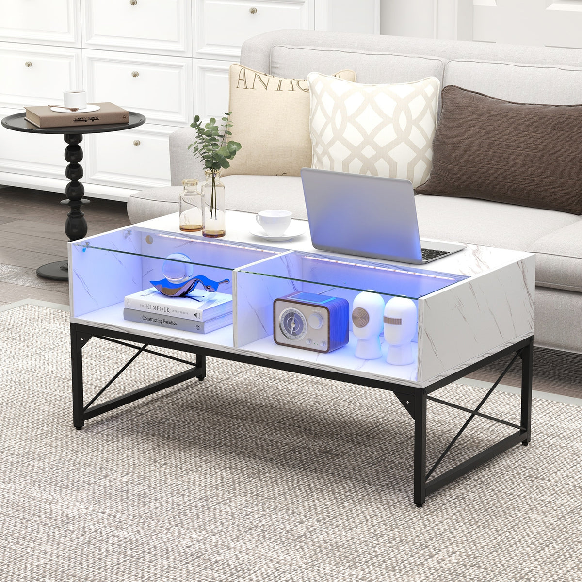 Center Table, Faux Marble Tempered Glass Top, White Coffee Tables at Gallery Canada