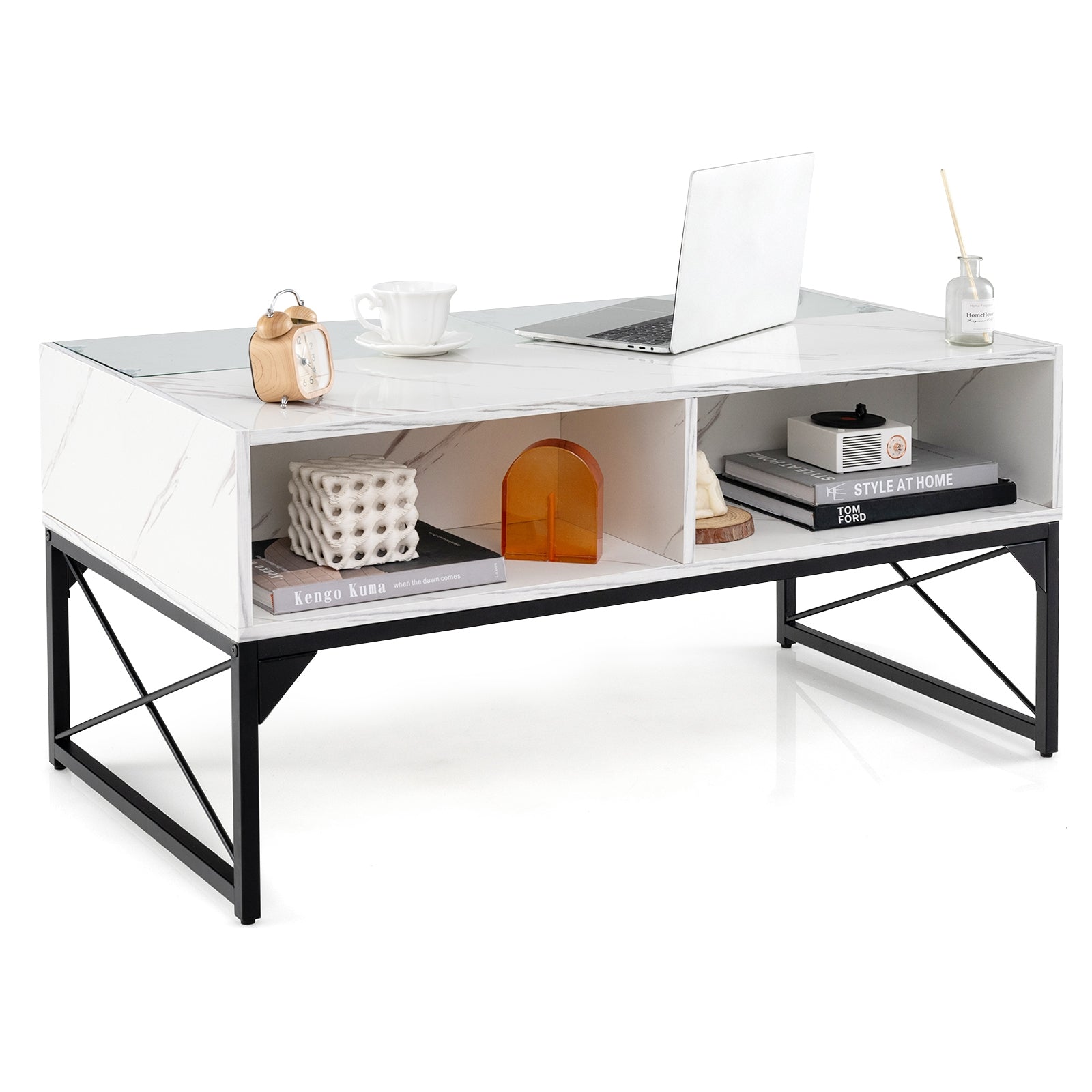 Center Table, Faux Marble Tempered Glass Top, White Coffee Tables at Gallery Canada