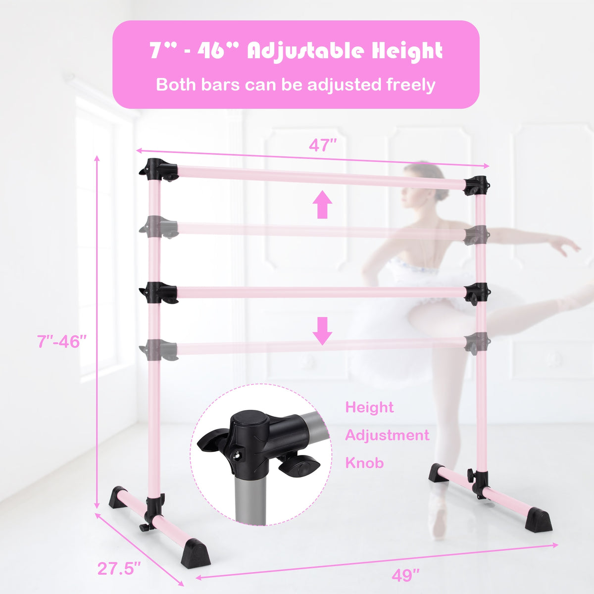 4 Feet Ballet Barre, Adjustable Height, Pink Yoga Accessories at Gallery Canada