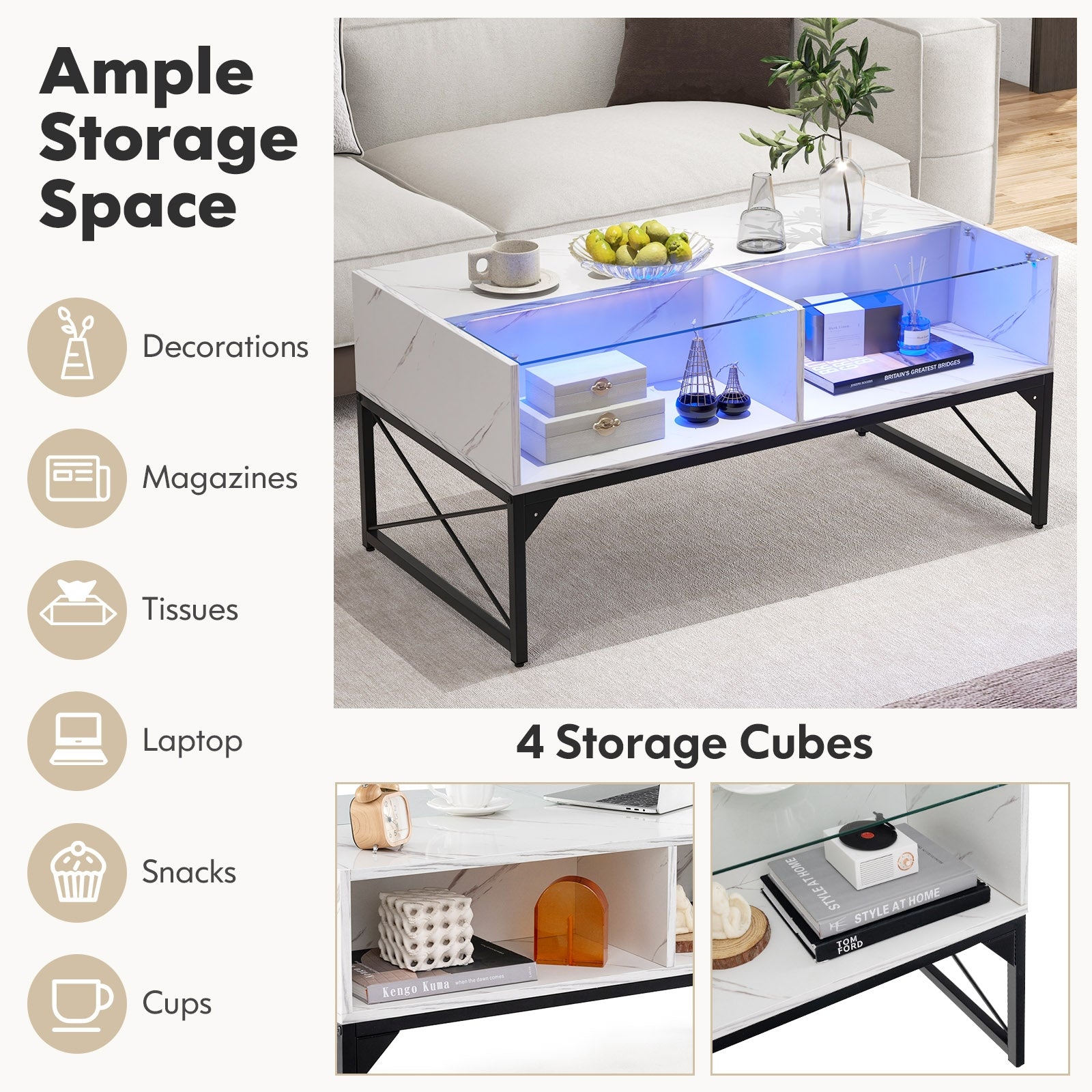 Center Table, Faux Marble Tempered Glass Top, White Coffee Tables at Gallery Canada