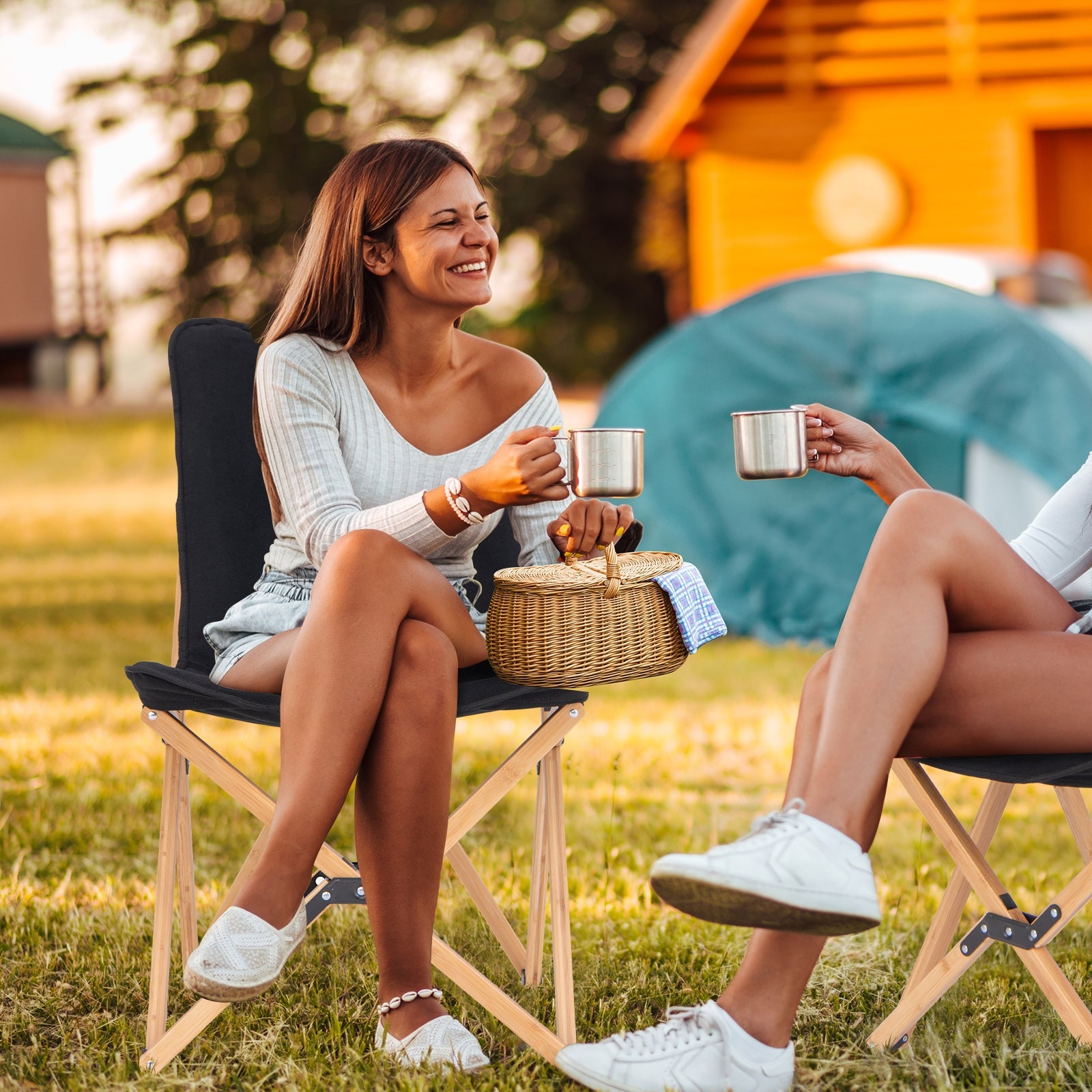 Bamboo Dorm Chair Set of 2, With Storage Pocket, Black Camping Furniture at Gallery Canada