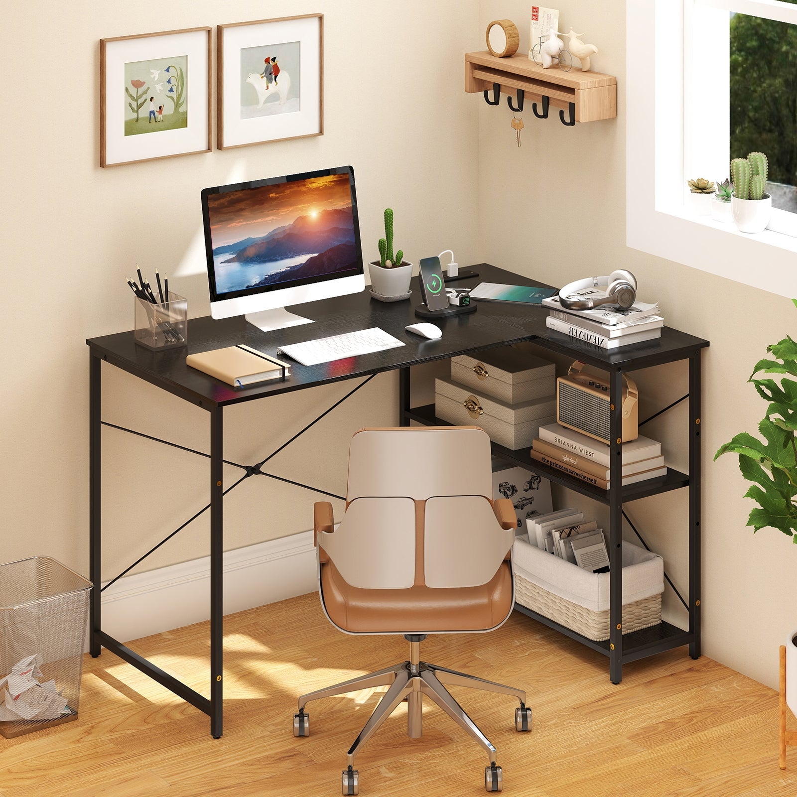 L-Shaped 47 Inch Reversible Corner Desk, Adjustable Shelves, Black L-Shaped Desks at Gallery Canada