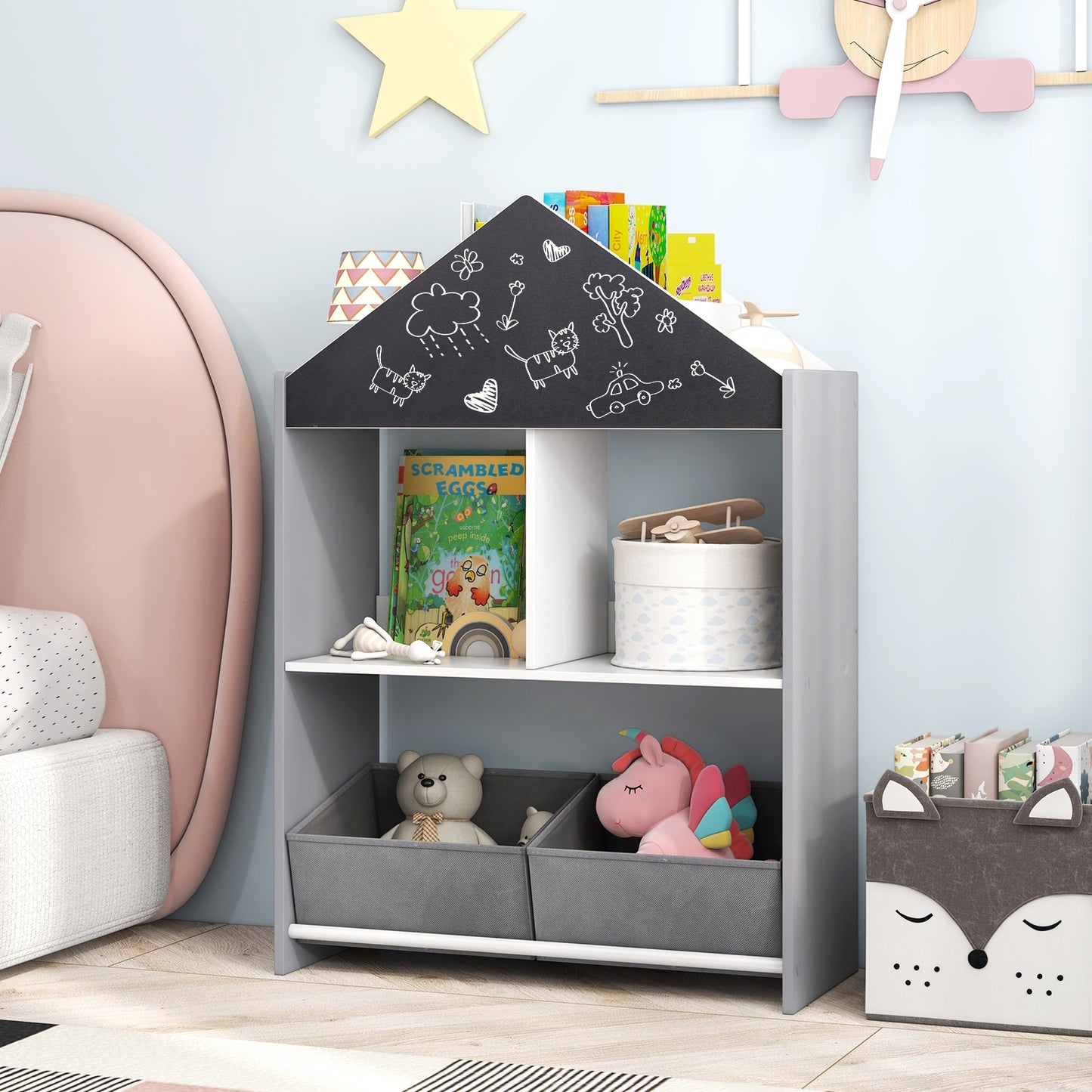 Kids Playhouse Bookshelf With Chalkboard, Whiteboard, Gray Kids Storage at Gallery Canada