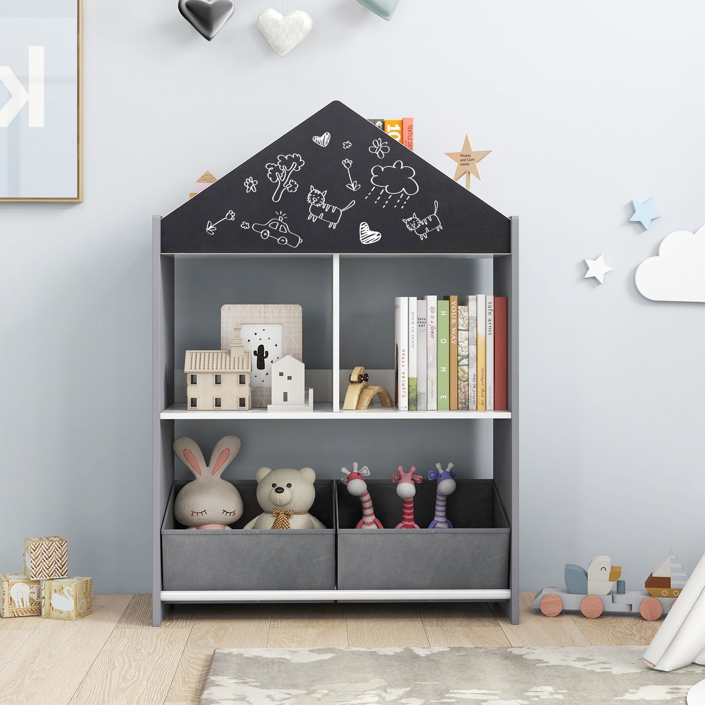 Kids Playhouse Bookshelf With Chalkboard, Whiteboard, Gray Kids Storage at Gallery Canada