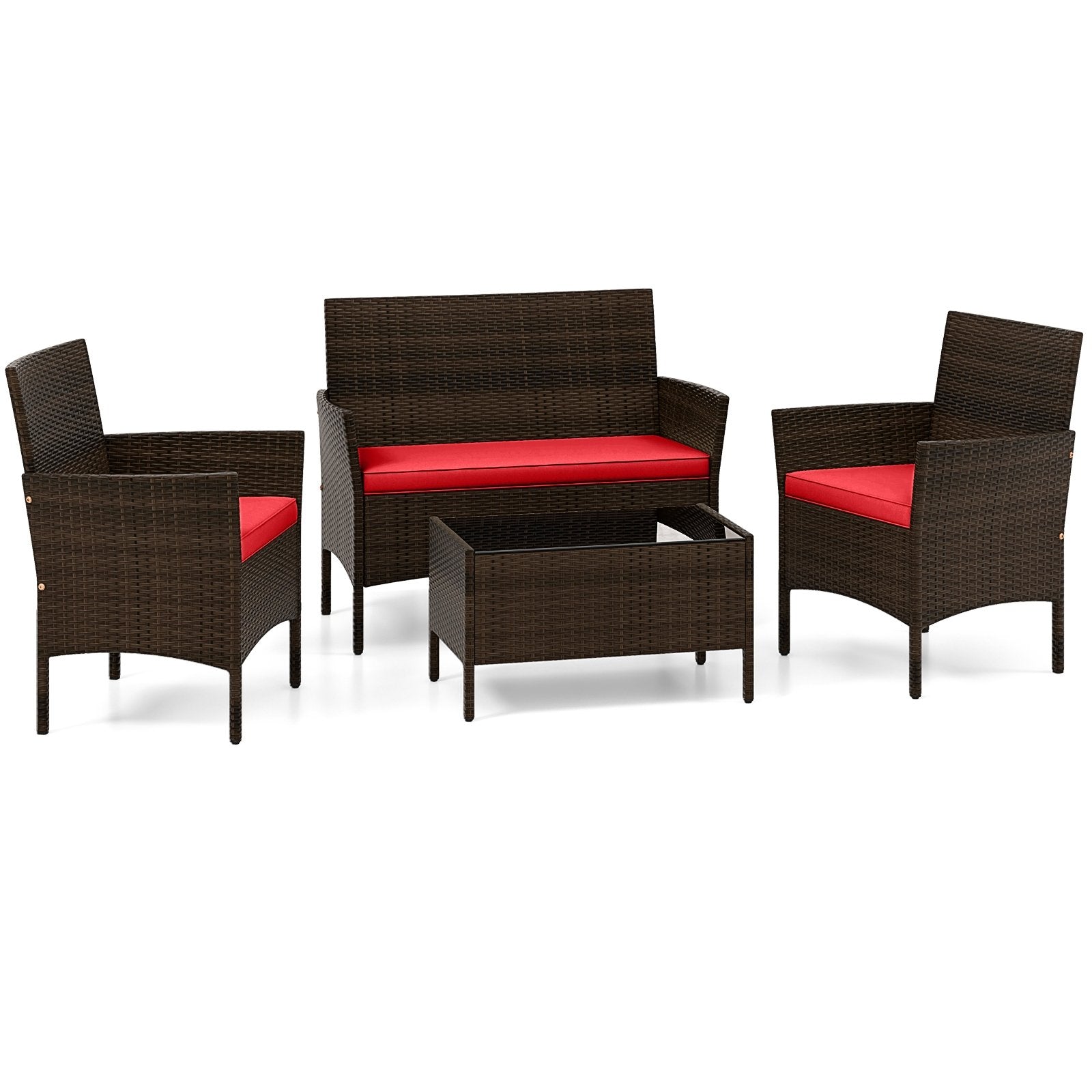 4 Piece Patio Rattan Conversation Set with Cozy Seat Cushions, Red Patio Conversation Sets at Gallery Canada
