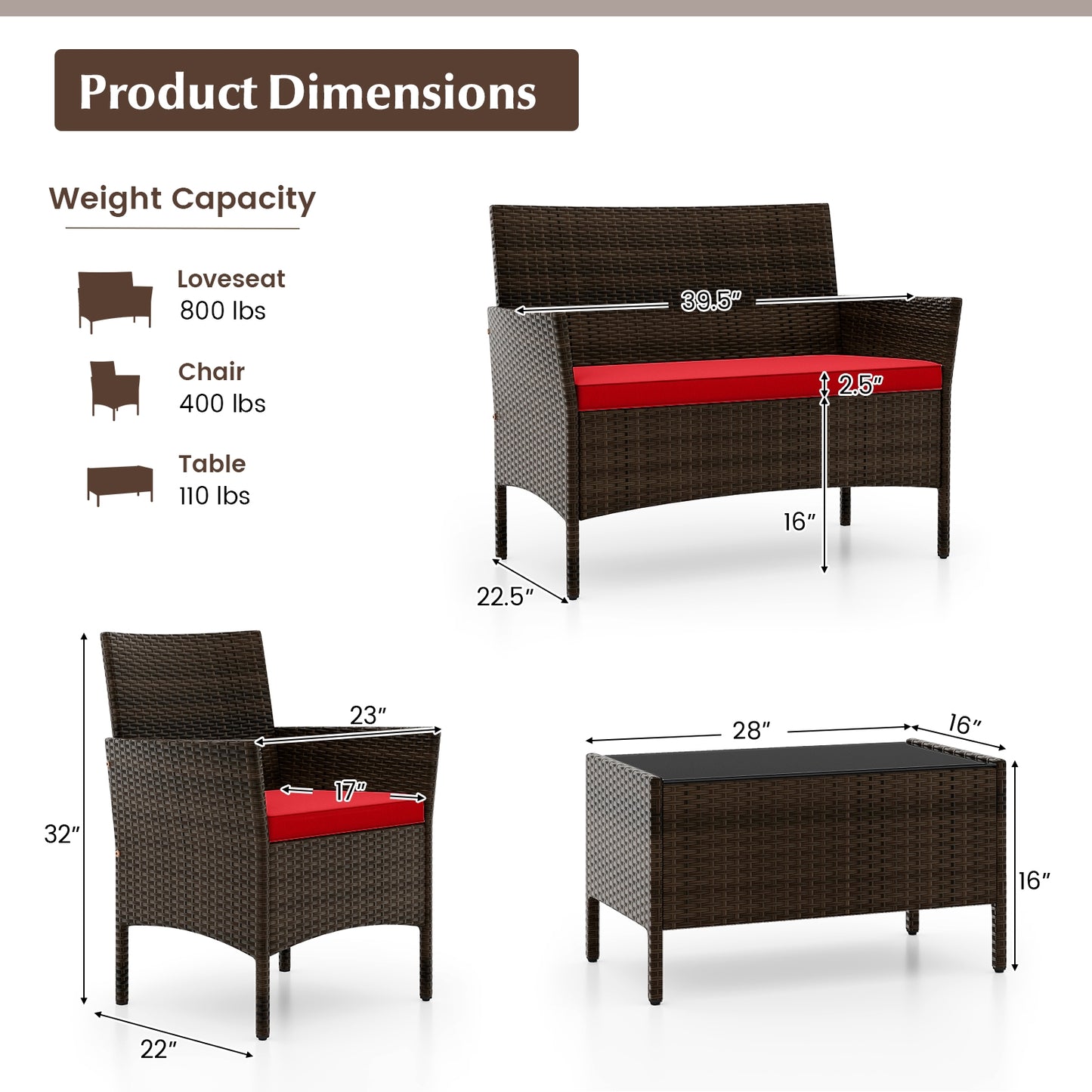 4 Piece Patio Rattan Conversation Set with Cozy Seat Cushions, Red Patio Conversation Sets at Gallery Canada