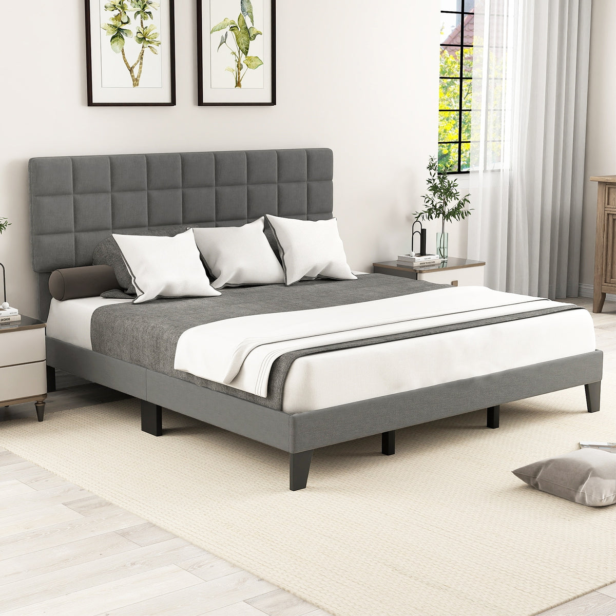 King Size Bed Frame With Adjustable Headboard, Gray Simple Bed Frame at Gallery Canada
