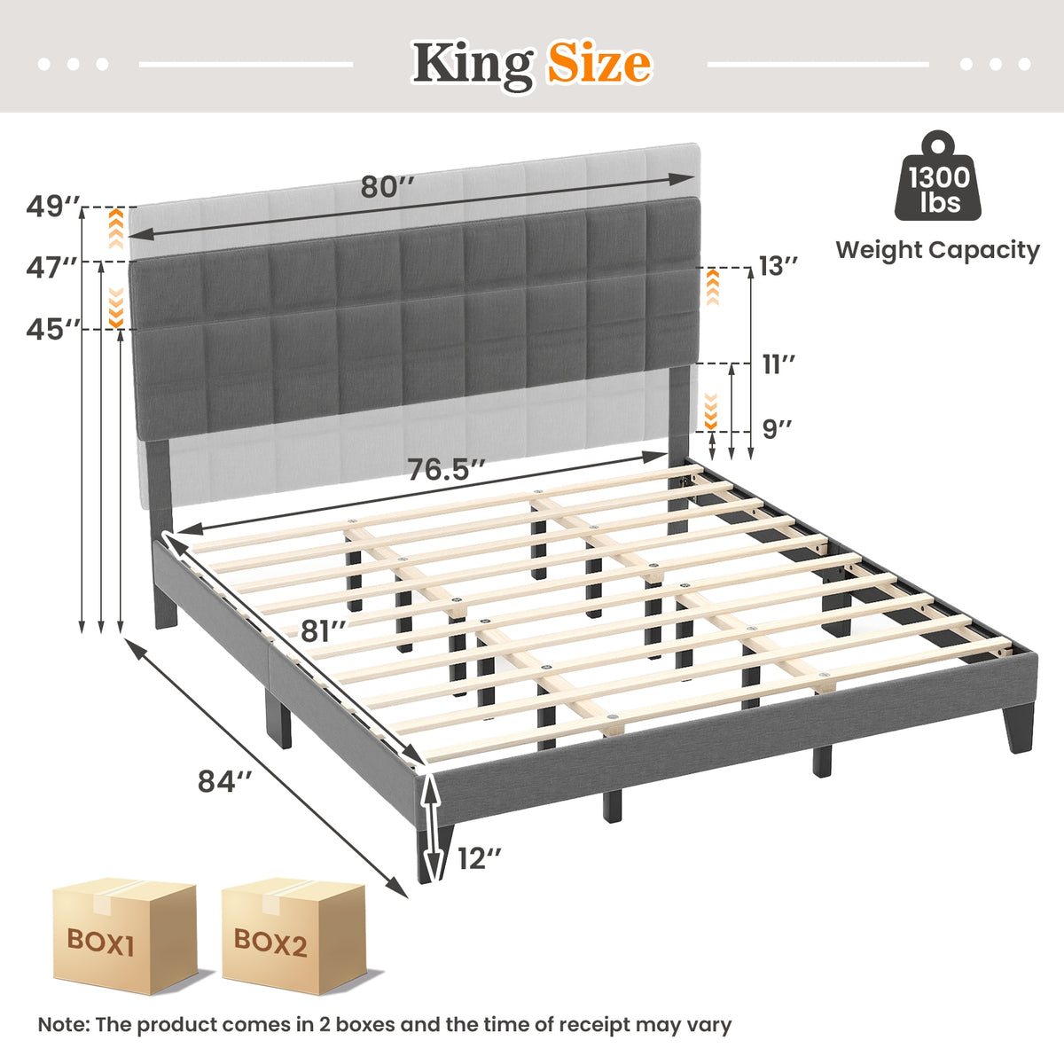 King Size Bed Frame With Adjustable Headboard, Gray Simple Bed Frame at Gallery Canada