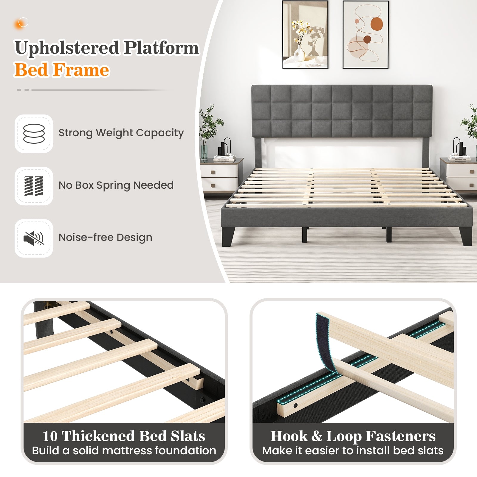 King Size Bed Frame With Adjustable Headboard, Gray Simple Bed Frame at Gallery Canada