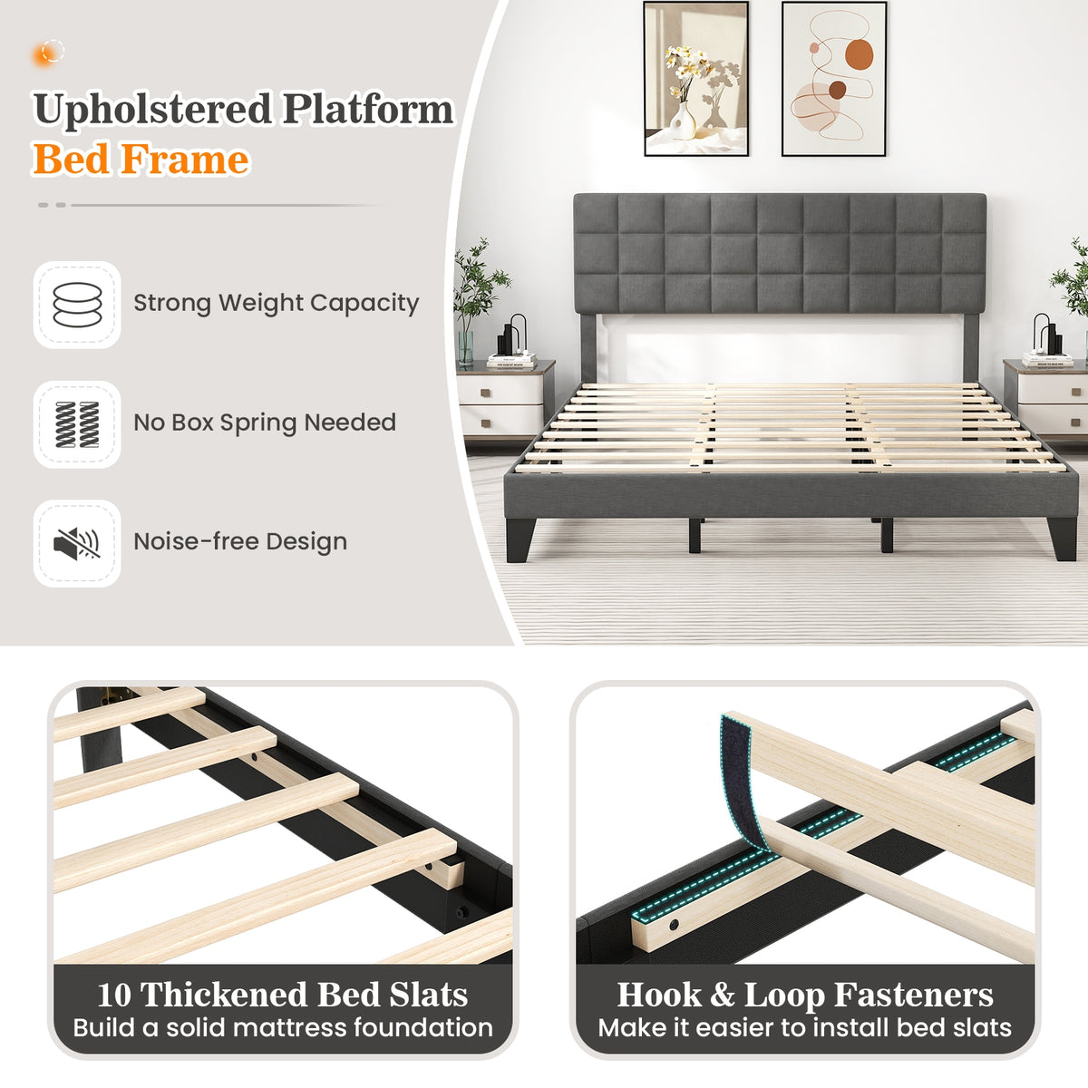 King Size Bed Frame With Adjustable Headboard, Gray Simple Bed Frame at Gallery Canada