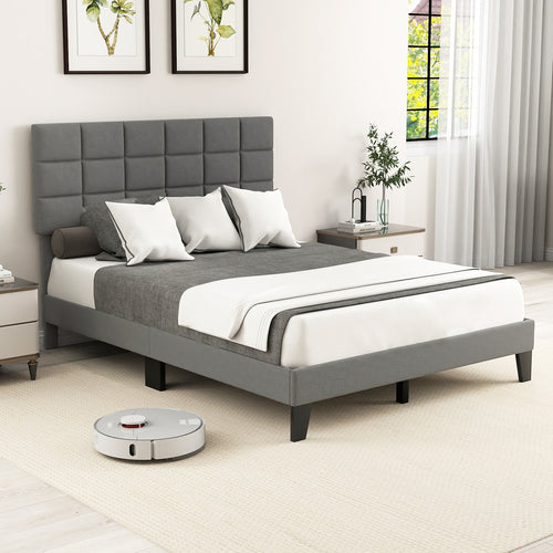 Queen Size Modern Linen Bed Frame, Adjustable Headboard, Gray