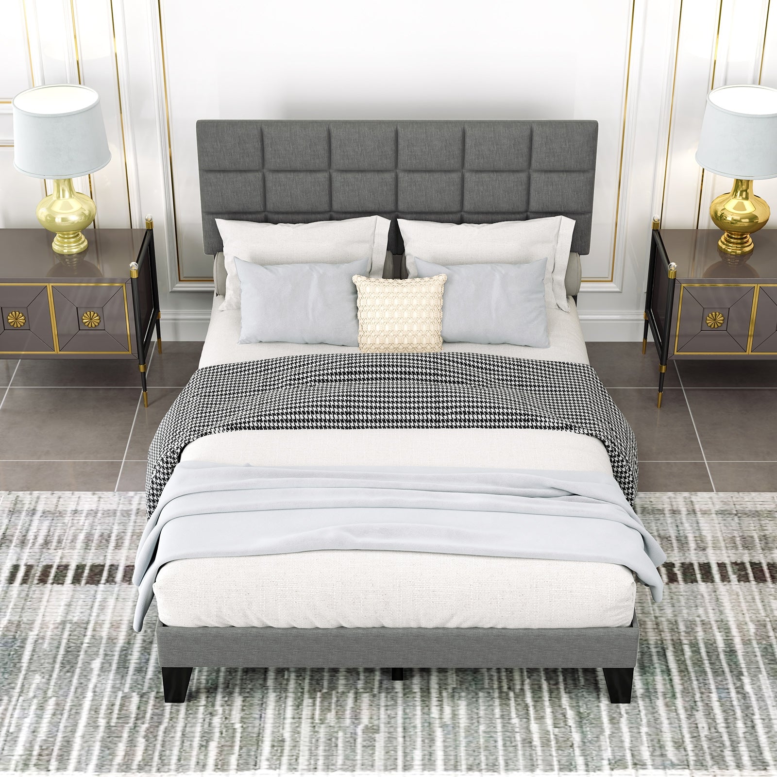 Queen Size Modern Linen Bed Frame, Adjustable Headboard, Gray Simple Bed Frame at Gallery Canada