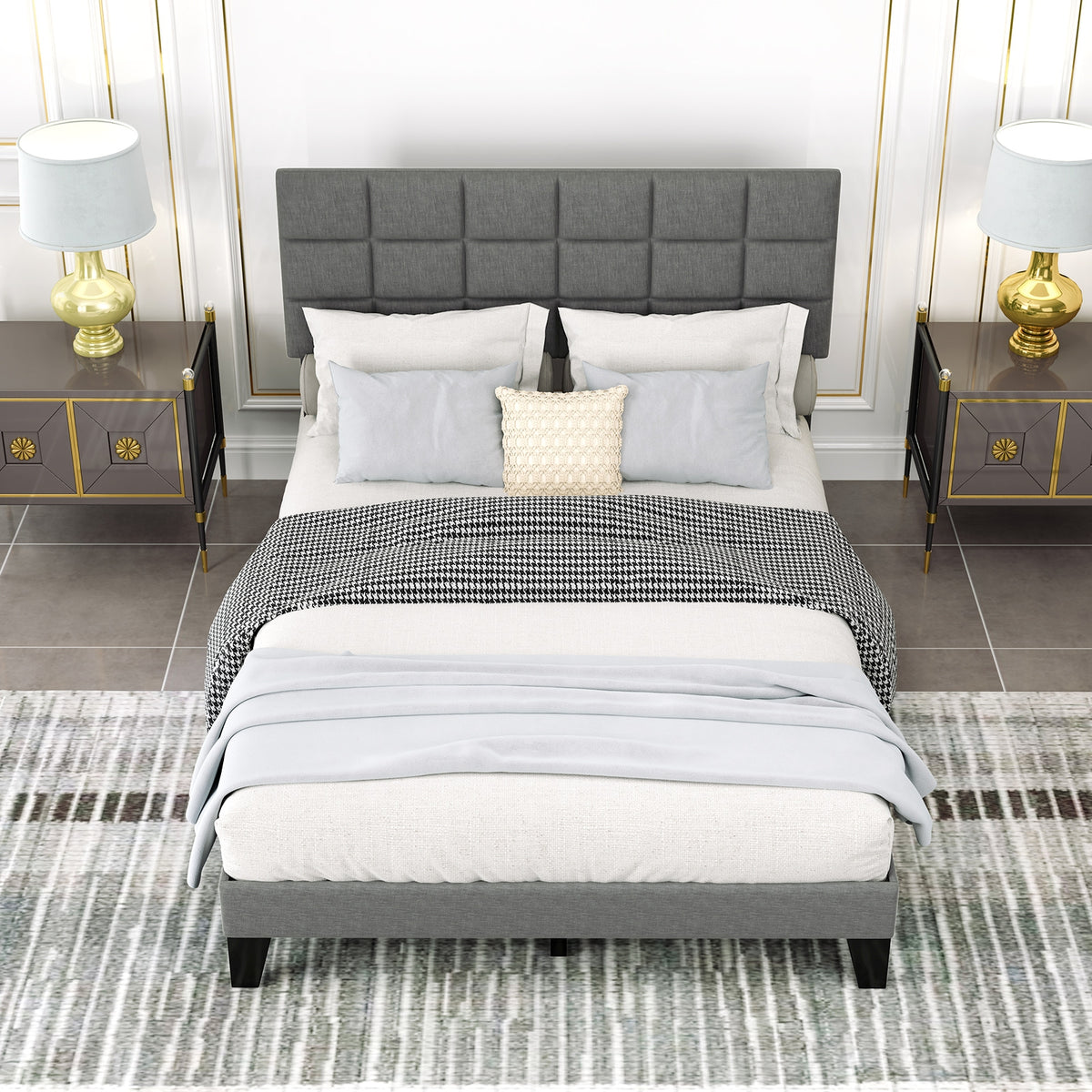Queen Size Modern Linen Bed Frame, Adjustable Headboard, Gray Simple Bed Frame at Gallery Canada