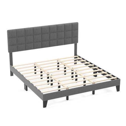 Queen Size Modern Linen Bed Frame, Adjustable Headboard, Gray