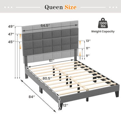 Queen Size Modern Linen Bed Frame, Adjustable Headboard, Gray Simple Bed Frame at Gallery Canada