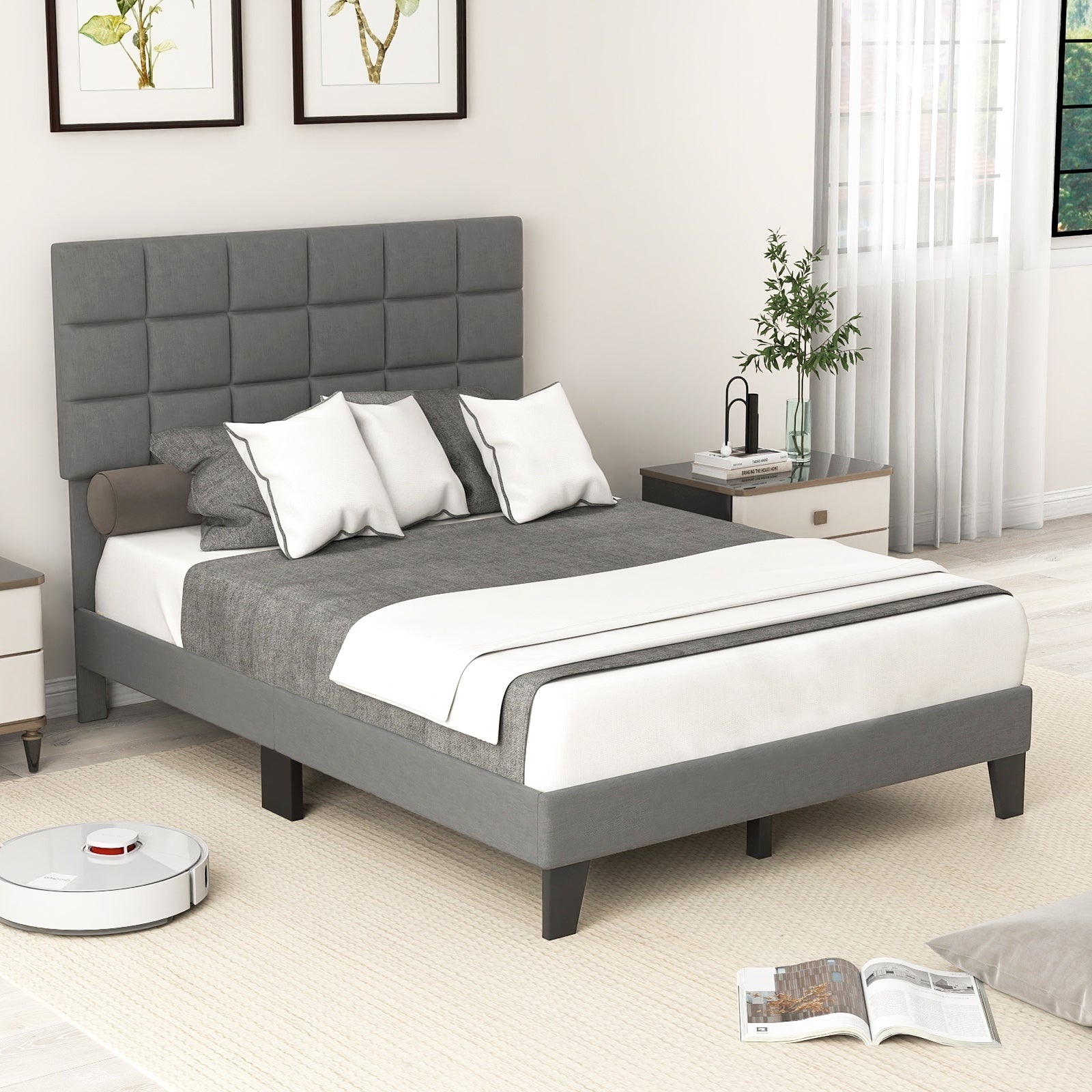 Full Size Modern Linen Bed Frame, Adjustable Headboard, Gray Simple Bed Frame at Gallery Canada