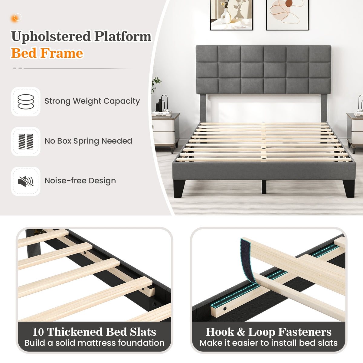 Queen Size Modern Linen Bed Frame, Adjustable Headboard, Gray Simple Bed Frame at Gallery Canada