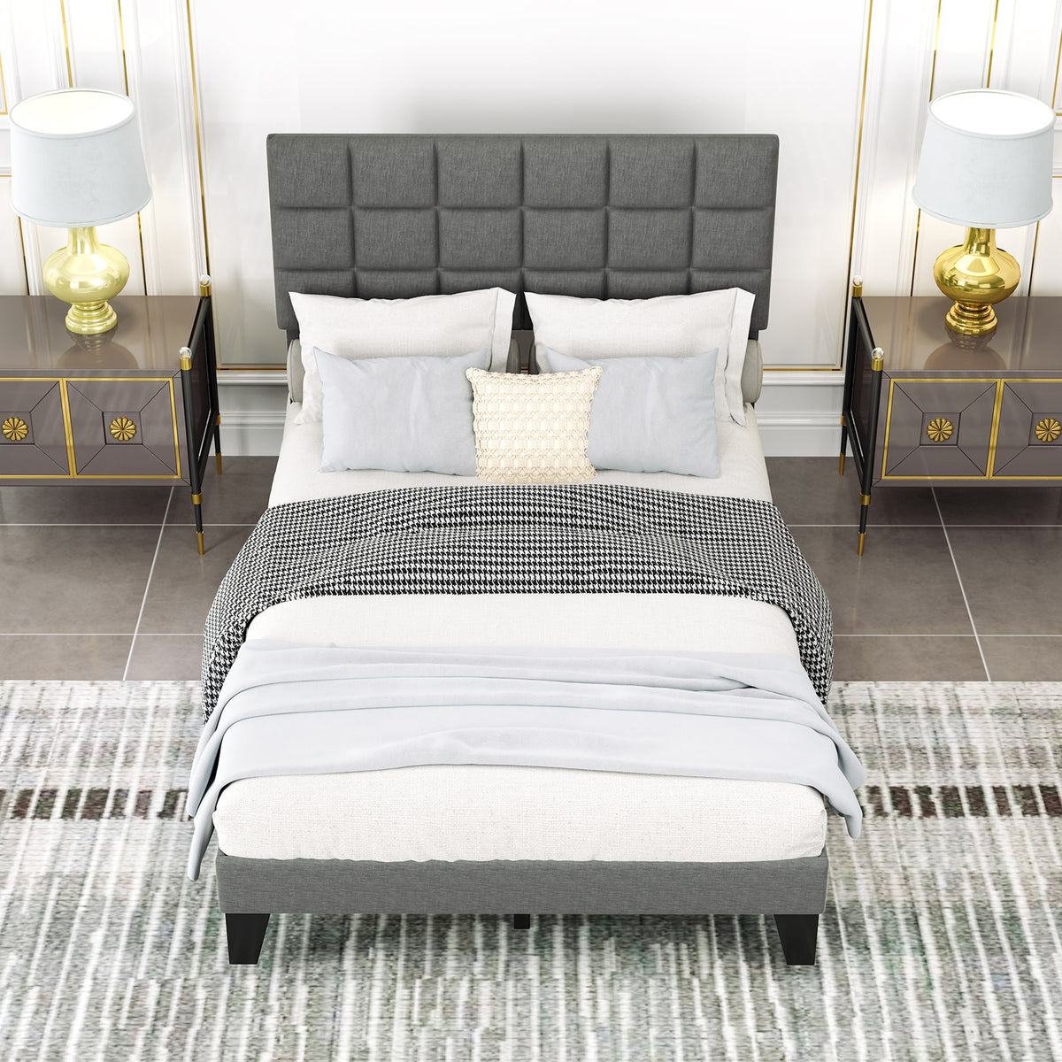 Full Size Modern Linen Bed Frame, Adjustable Headboard, Gray Simple Bed Frame at Gallery Canada