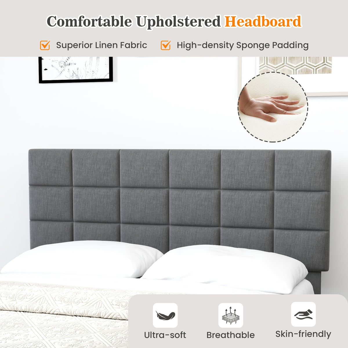 Queen Size Modern Linen Bed Frame, Adjustable Headboard, Gray Simple Bed Frame at Gallery Canada