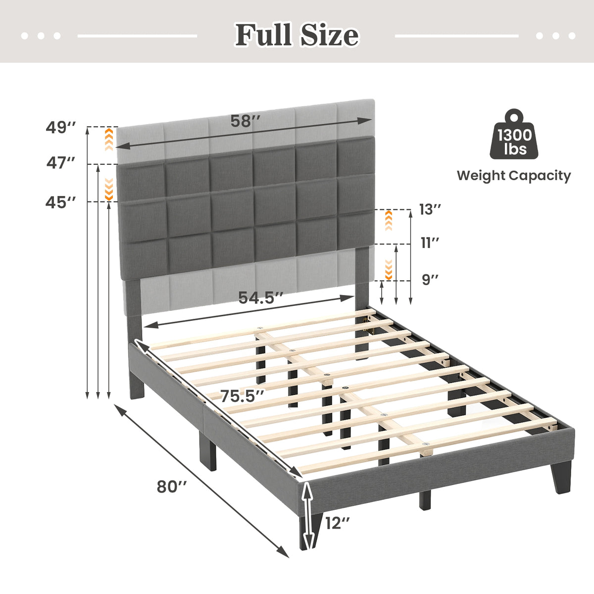 Full Size Modern Linen Bed Frame, Adjustable Headboard, Gray Simple Bed Frame at Gallery Canada