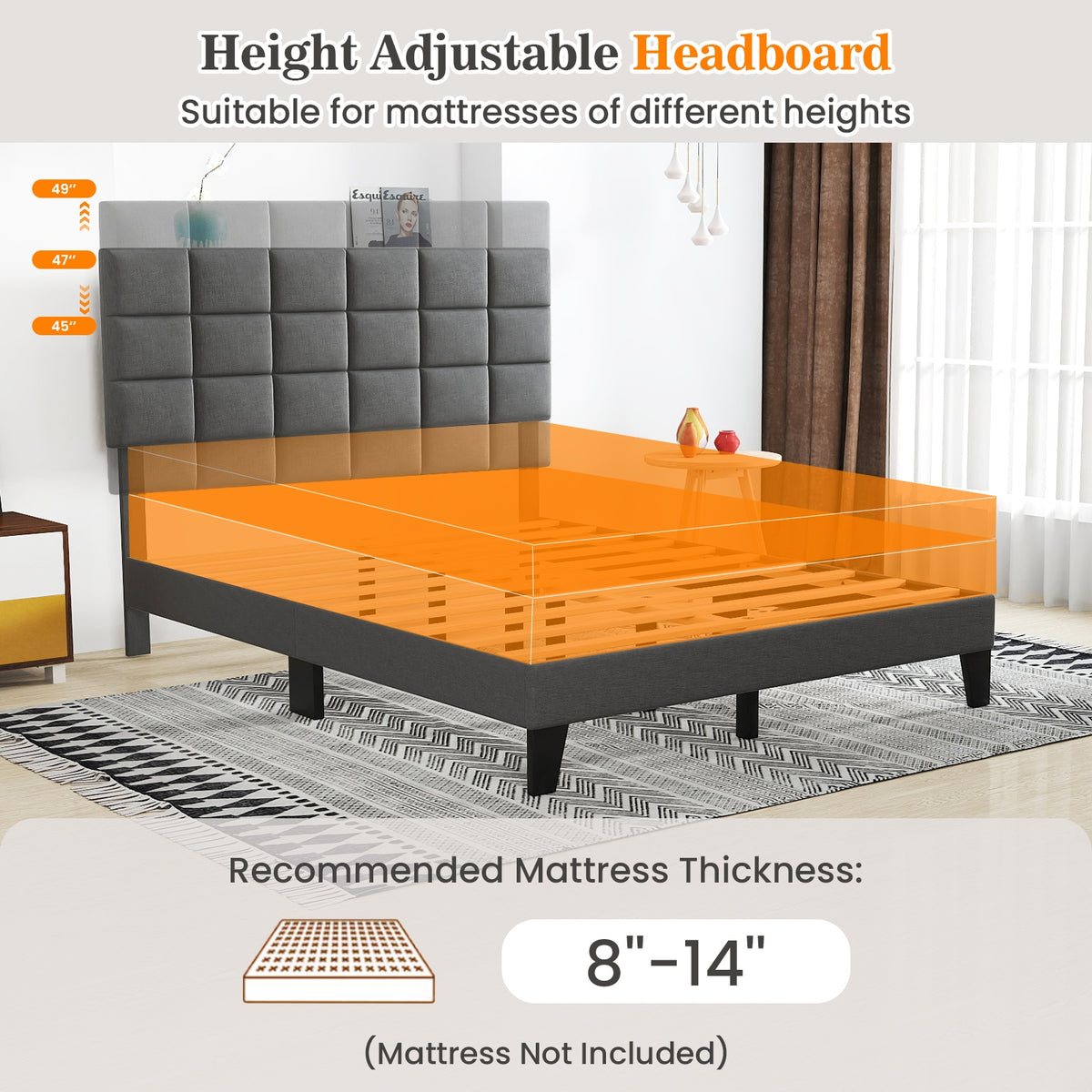 Queen Size Modern Linen Bed Frame, Adjustable Headboard, Gray Simple Bed Frame at Gallery Canada
