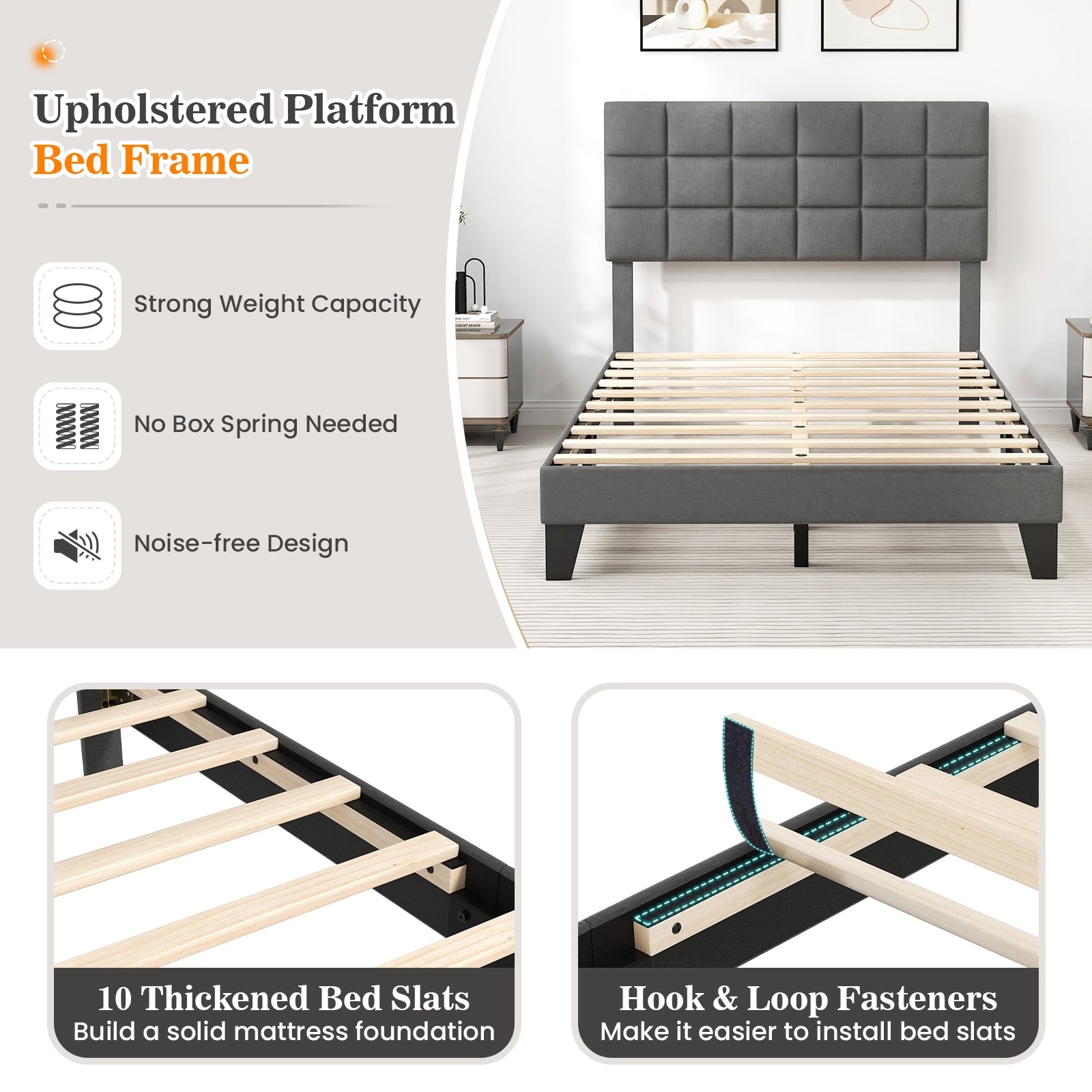 Full Size Modern Linen Bed Frame, Adjustable Headboard, Gray Simple Bed Frame at Gallery Canada