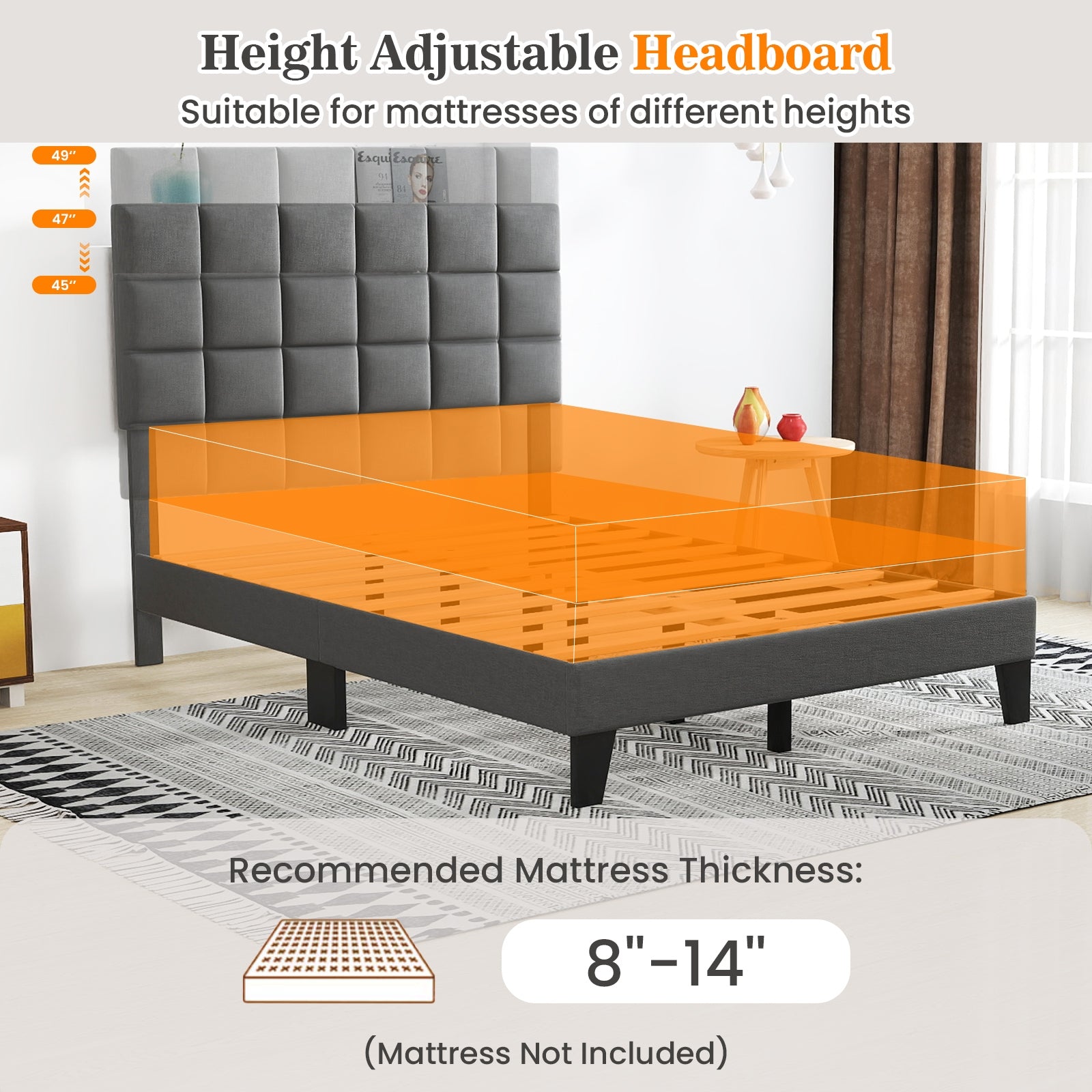 Full Size Modern Linen Bed Frame, Adjustable Headboard, Gray Simple Bed Frame at Gallery Canada