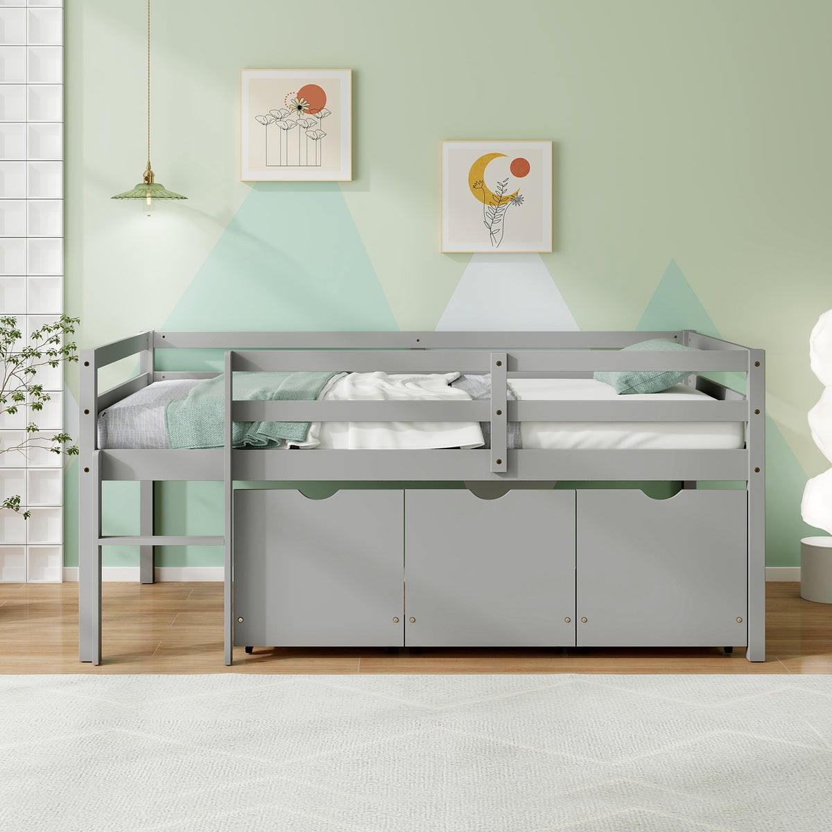 Twin Size Low Loft Bed With 3 Drawers, Ladder, Full Guardrails, Gray Trundle Bed Frame at Gallery Canada