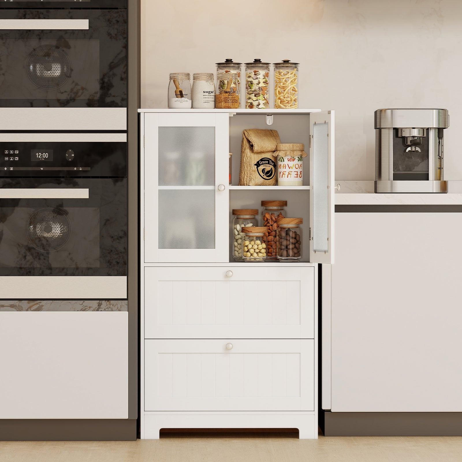 Bathroom Floor Storage Cabinet, 2 Drawers 2 Frosted Glass Doors, White Floor Cabinets at Gallery Canada