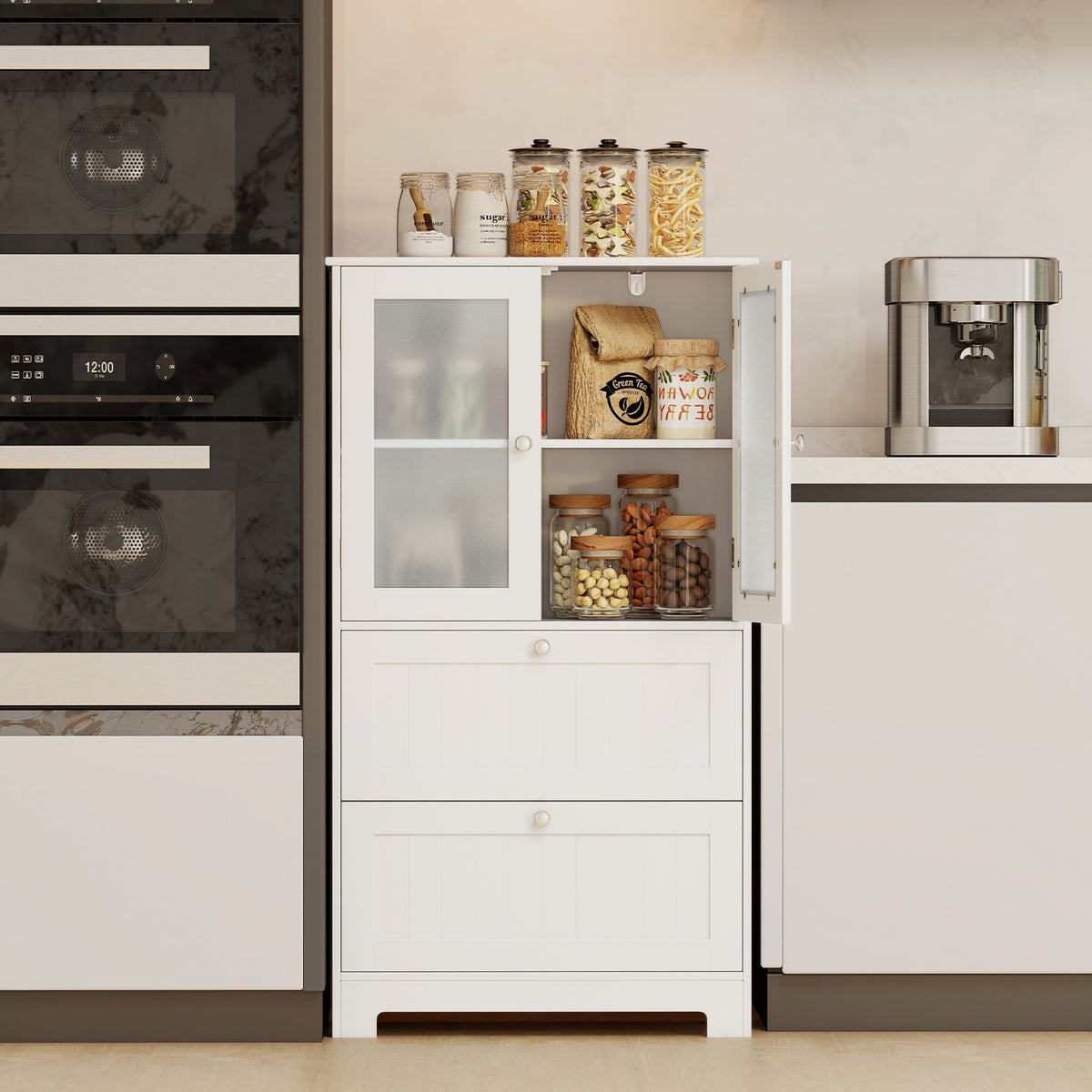 Bathroom Floor Storage Cabinet, 2 Drawers 2 Frosted Glass Doors, White Floor Cabinets at Gallery Canada
