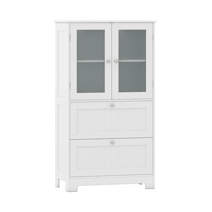 Bathroom Floor Storage Cabinet, 2 Drawers 2 Frosted Glass Doors, White Floor Cabinets White at Gallery Canada