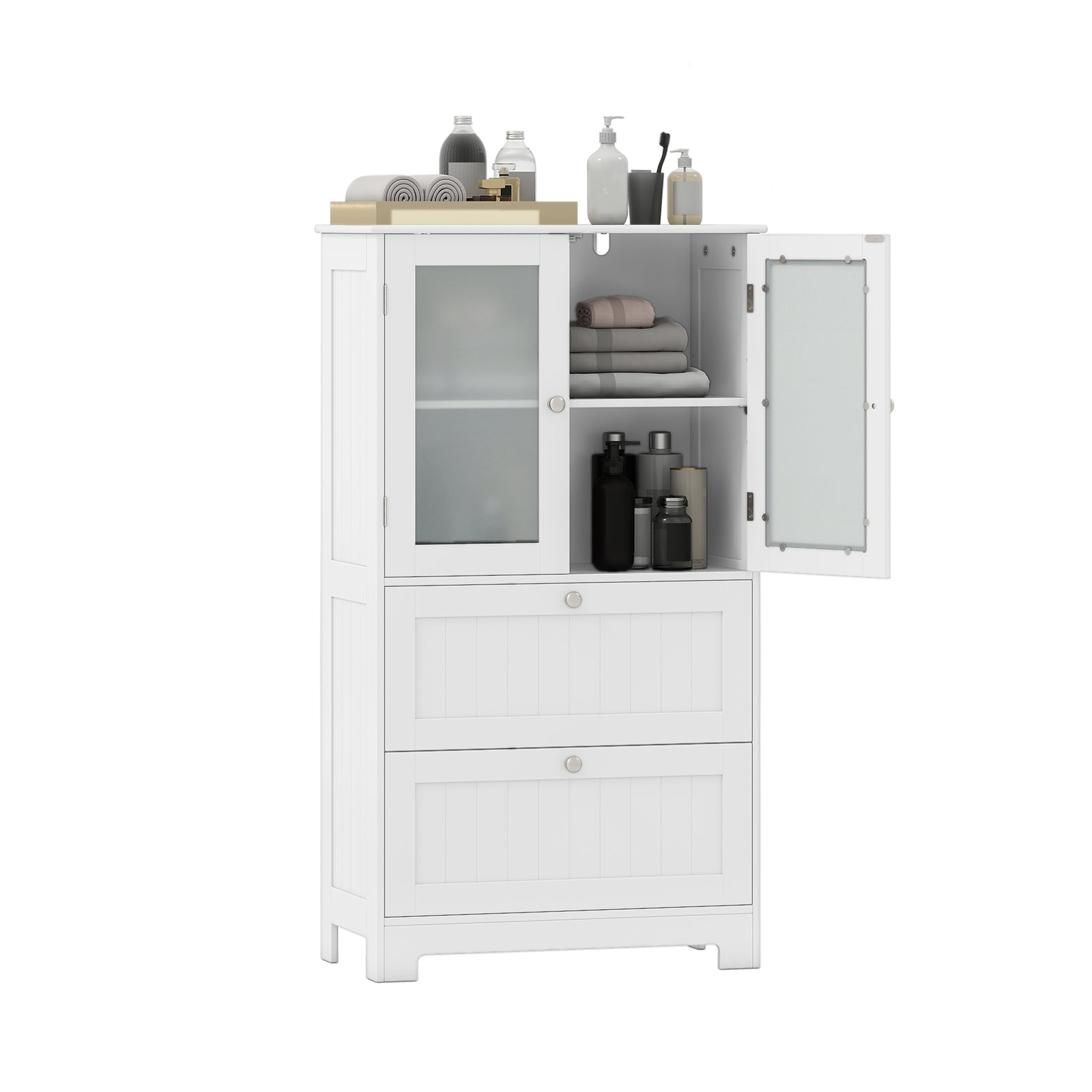 Bathroom Floor Storage Cabinet, 2 Drawers 2 Frosted Glass Doors, White Floor Cabinets at Gallery Canada