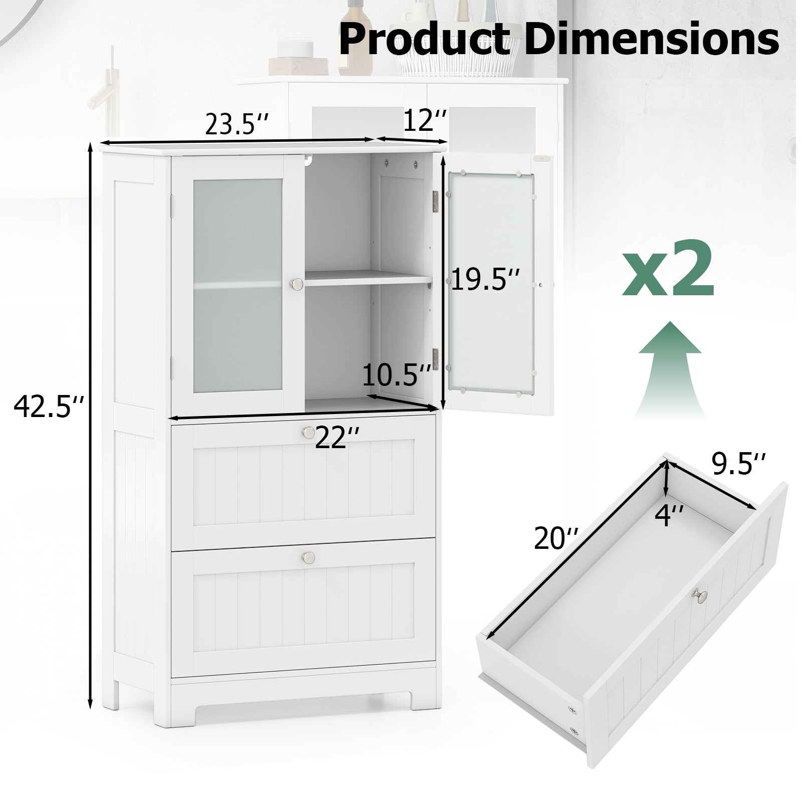 Bathroom Floor Storage Cabinet, 2 Drawers 2 Frosted Glass Doors, White Floor Cabinets at Gallery Canada