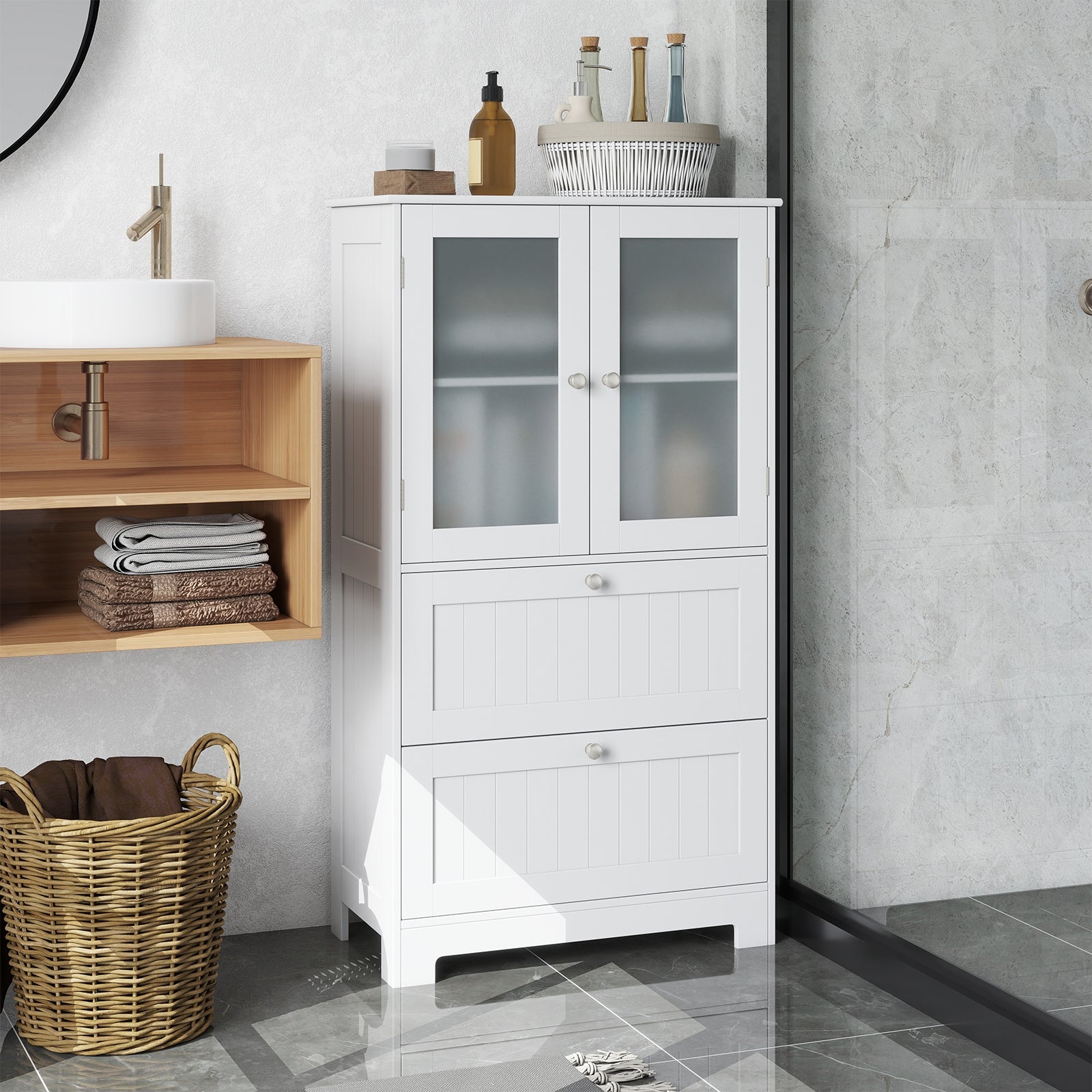 Bathroom Floor Storage Cabinet, 2 Drawers 2 Frosted Glass Doors, White Floor Cabinets at Gallery Canada