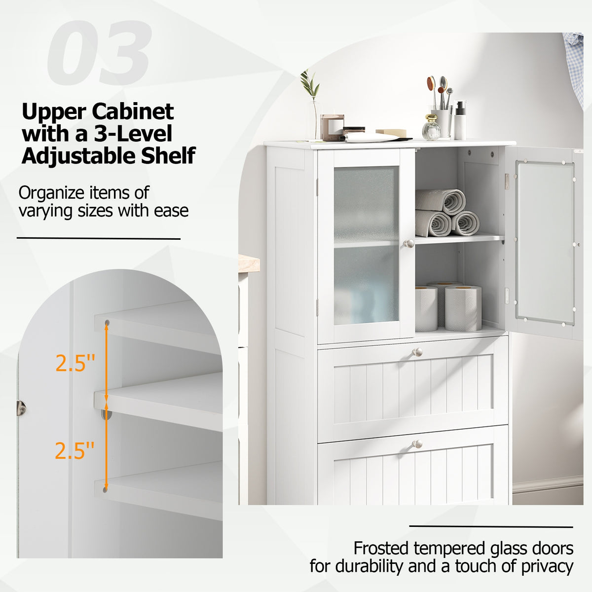 Bathroom Floor Storage Cabinet, 2 Drawers 2 Frosted Glass Doors, White Floor Cabinets at Gallery Canada