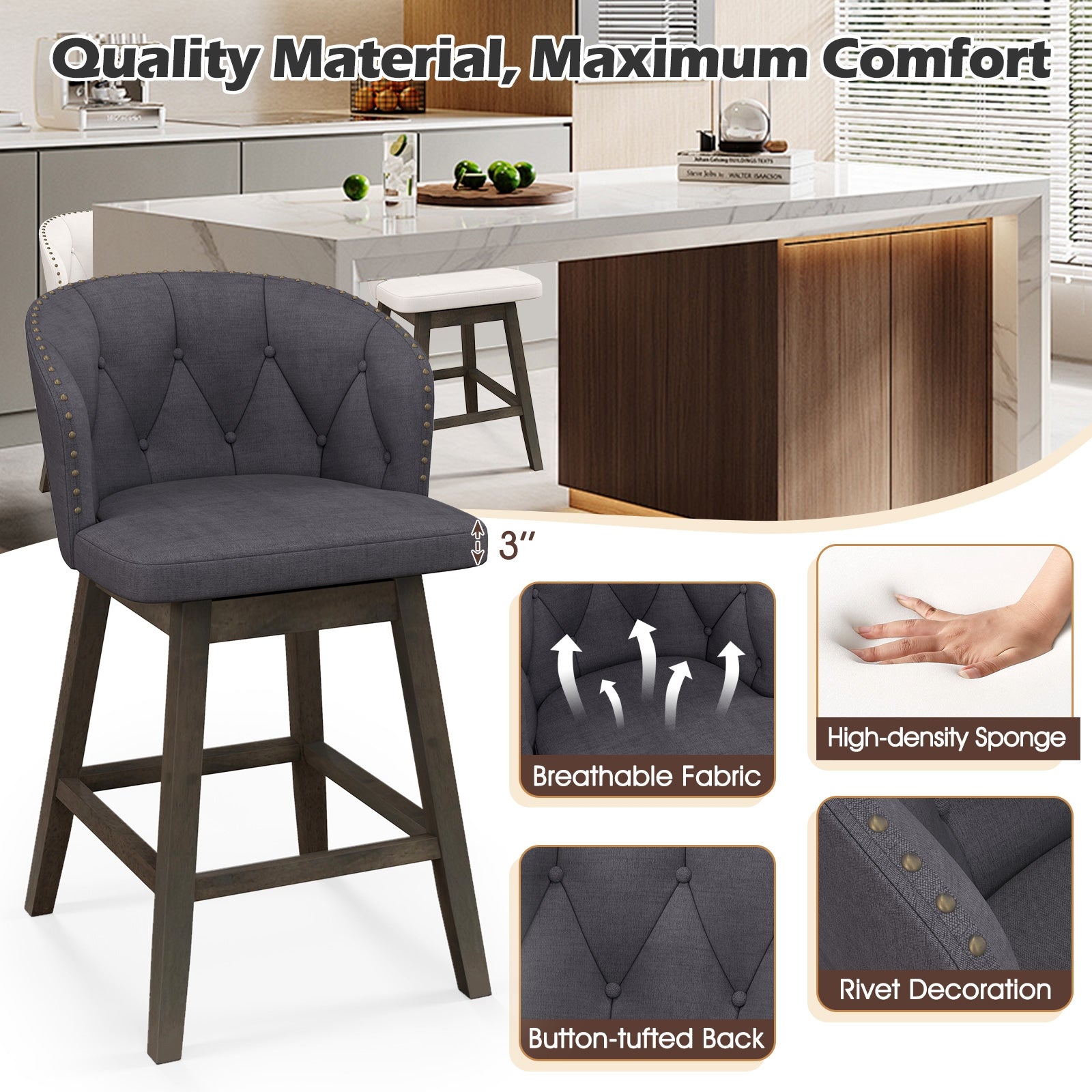 Counter Height Fabric Bar Stools, Set of 2, Gray Bar Stools at Gallery Canada