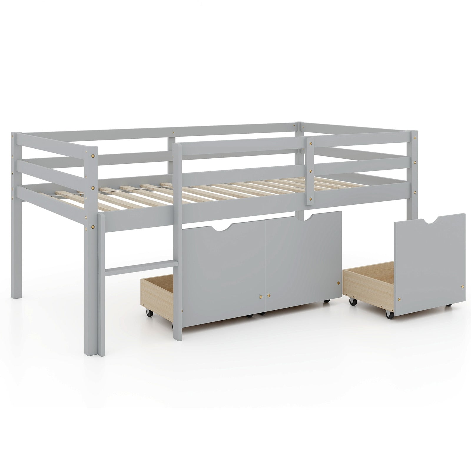 Twin Size Low Loft Bed With 3 Drawers, Ladder, Full Guardrails, Gray Trundle Bed Frame Gray at Gallery Canada