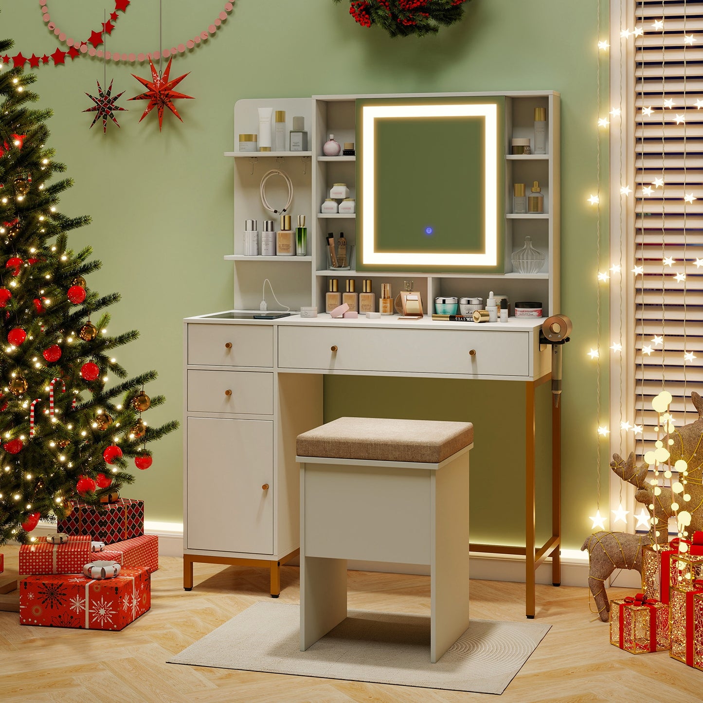 Makeup Dressing Table And Stool Set, 3 Lighting Modes, Cabinet, White Makeup Vanities at Gallery Canada