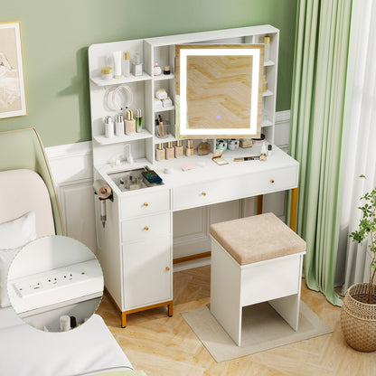 Makeup Dressing Table And Stool Set, 3 Lighting Modes, Cabinet, White Makeup Vanities at Gallery Canada
