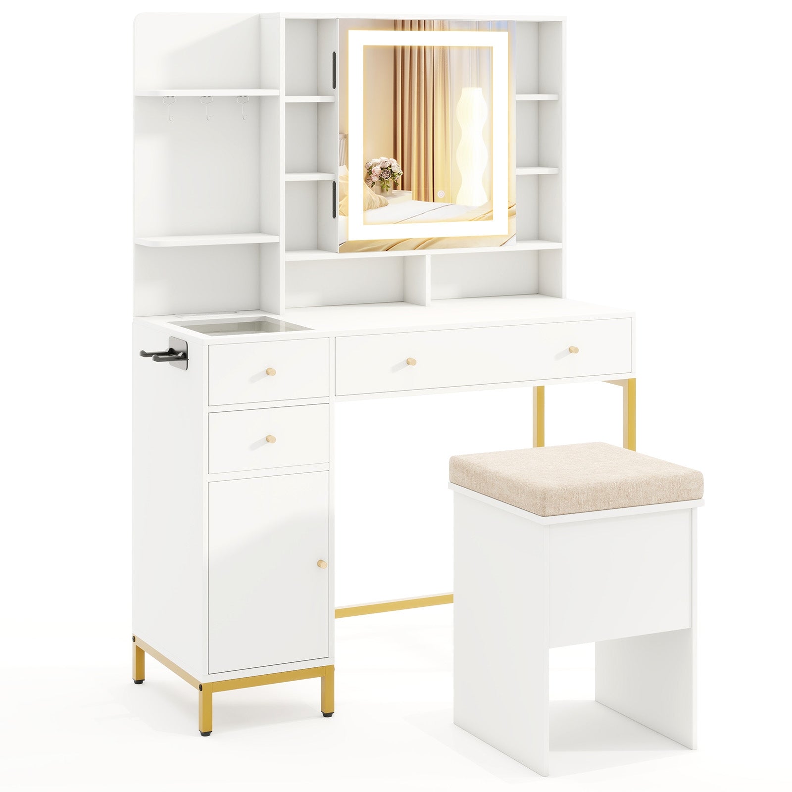 Makeup Dressing Table And Stool Set, 3 Lighting Modes, Cabinet, White Makeup Vanities White at Gallery Canada